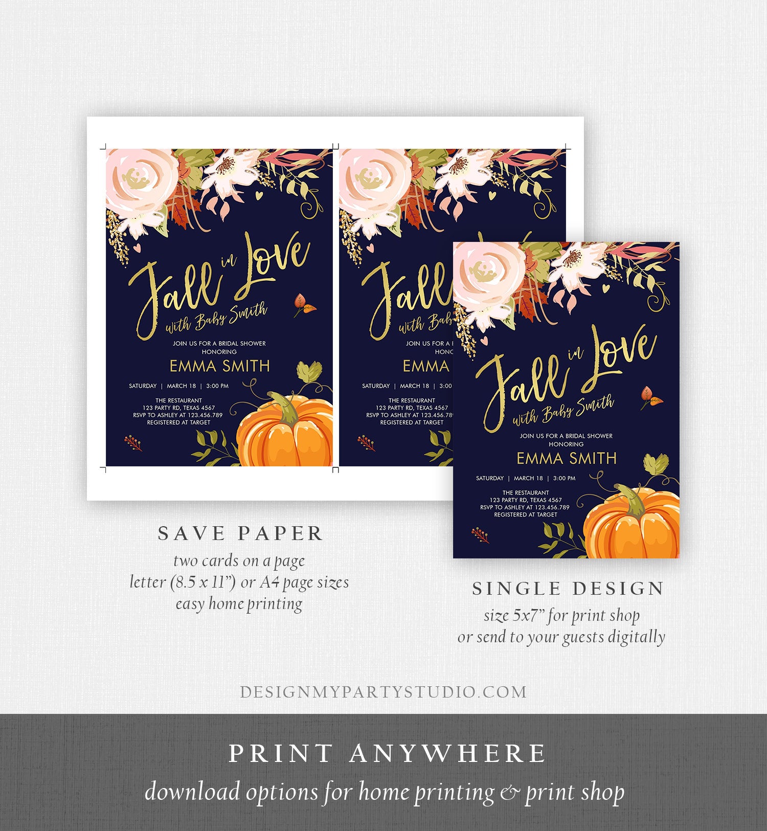 Editable Fall in Love Baby Shower Invitation Pumpkin Autumn Floral Flowers Pink Gold Rustic Party Sprinkle Coed Navy Corjl Template 0176