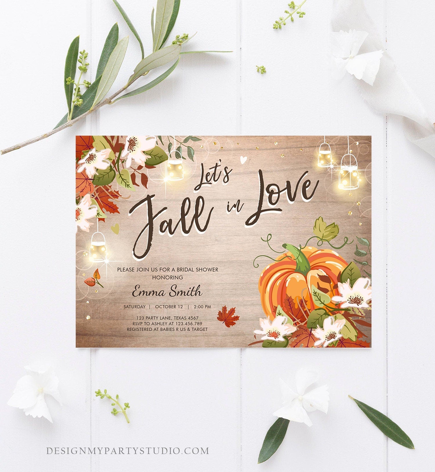 Editable Fall in Love Bridal Shower Invitation Pumpkin Autumn Floral Flowers String Lights Rustic Wood Engagement Corjl Template 0176