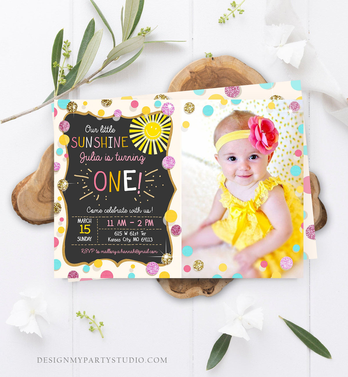 Editable Little Sunshine Birthday Invitation You are My Sunshine Lemonade Girl First Birthday Pink Gold 1st Corjl Template Printable 0097