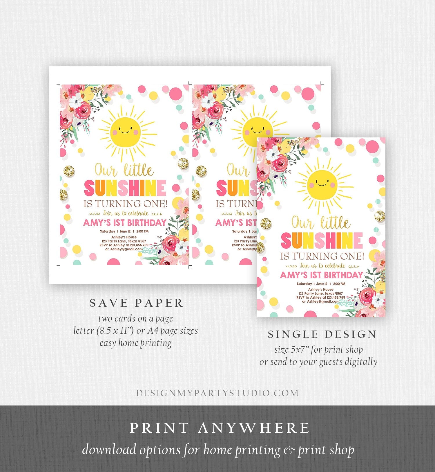 Editable Little Sunshine Birthday Invitation You are My Sunshine Lemonade Girl First Birthday Pink Gold 1st Corjl Template Printable 0244