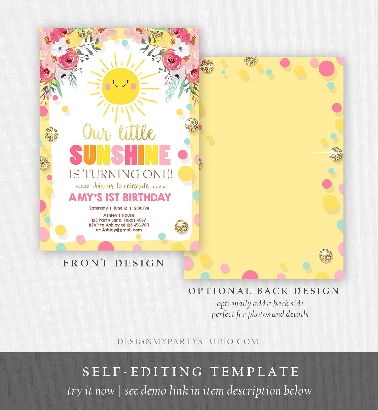 Editable Little Sunshine Birthday Invitation You are My Sunshine Lemonade Girl First Birthday Pink Gold 1st Corjl Template Printable 0244