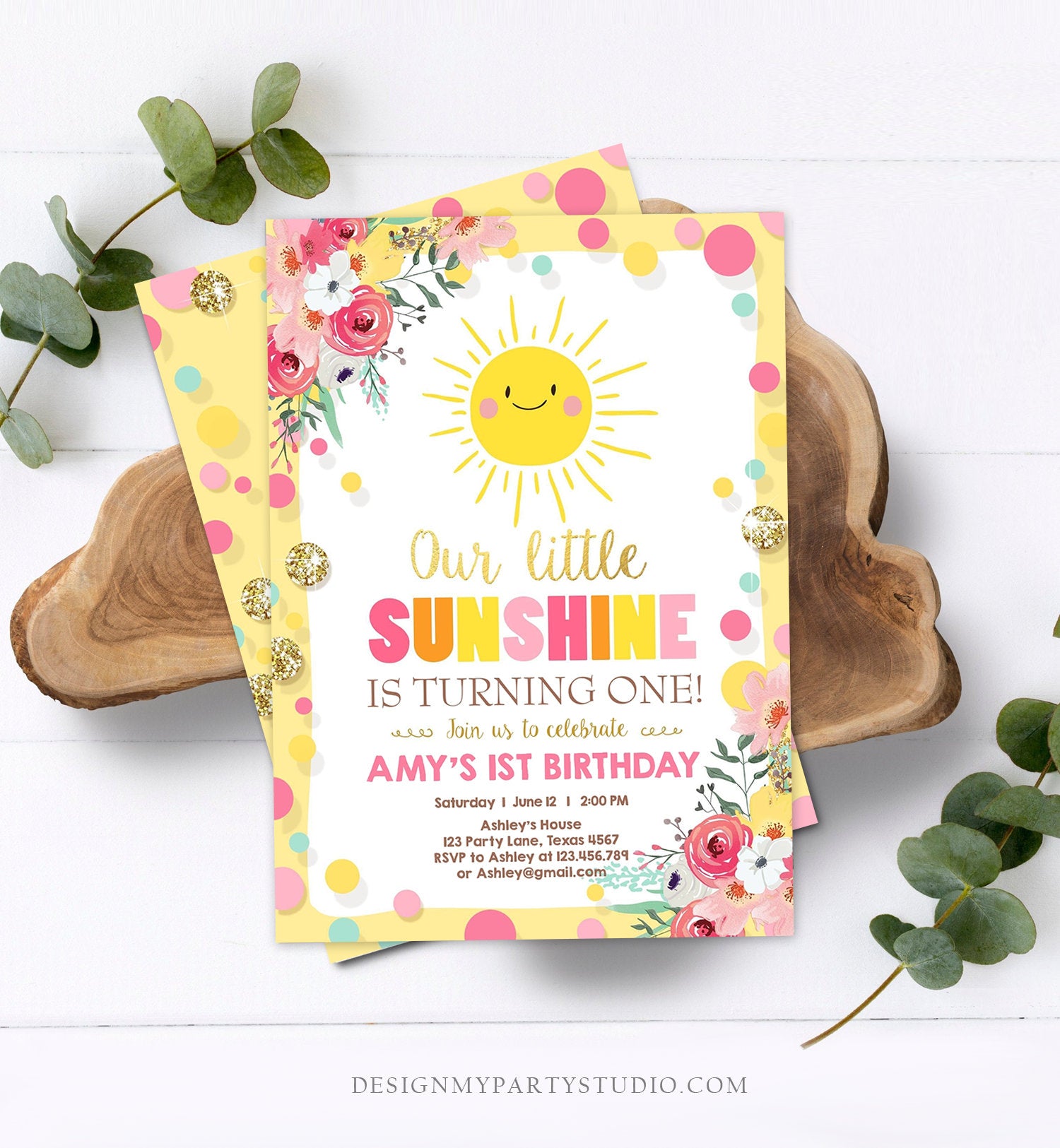 Editable Little Sunshine Birthday Invitation You are My Sunshine Lemonade Girl First Birthday Pink Gold 1st Corjl Template Printable 0244