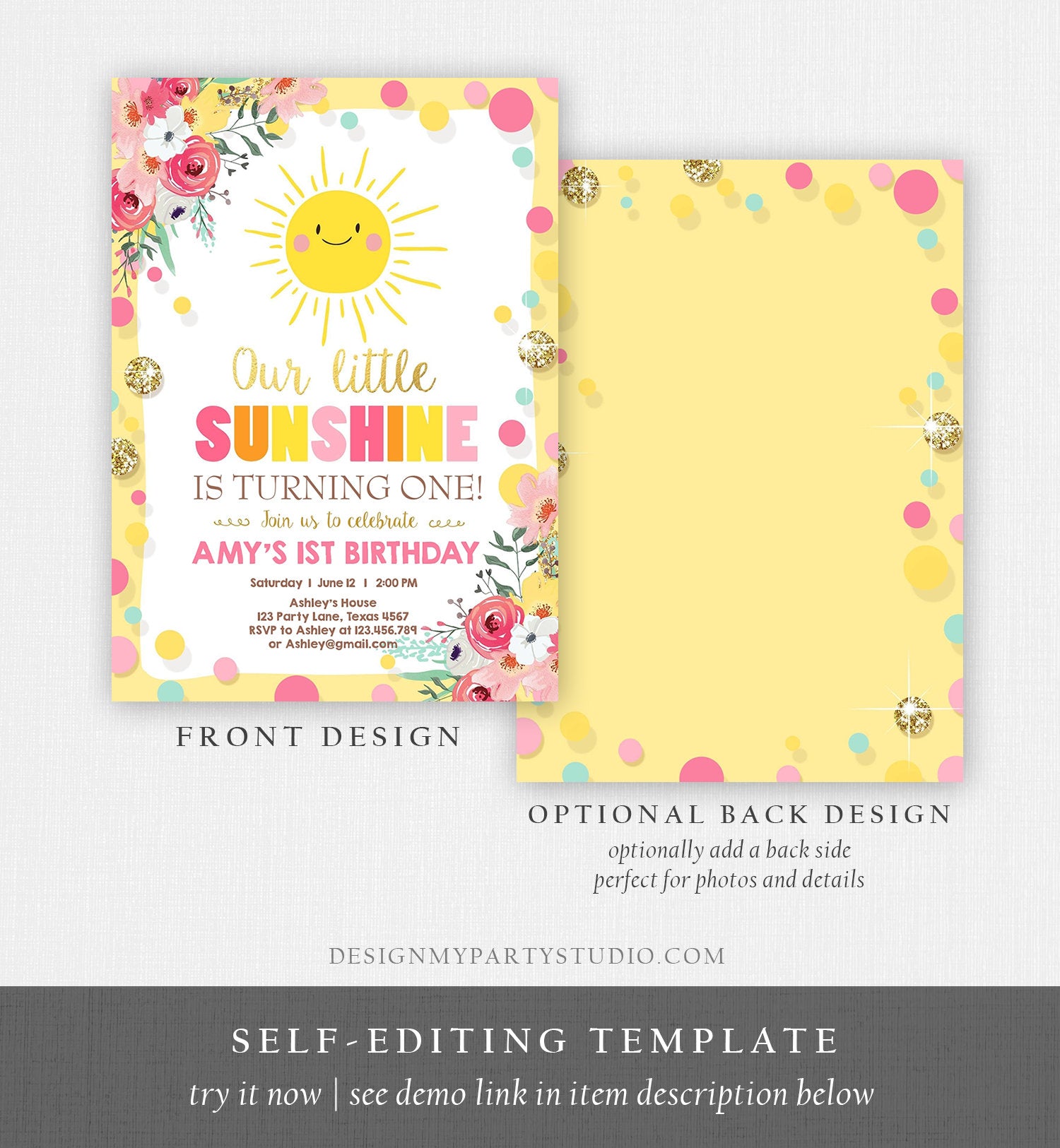 Editable Little Sunshine Birthday Invitation You are My Sunshine Lemonade Girl First Birthday Pink Gold 1st Corjl Template Printable 0244