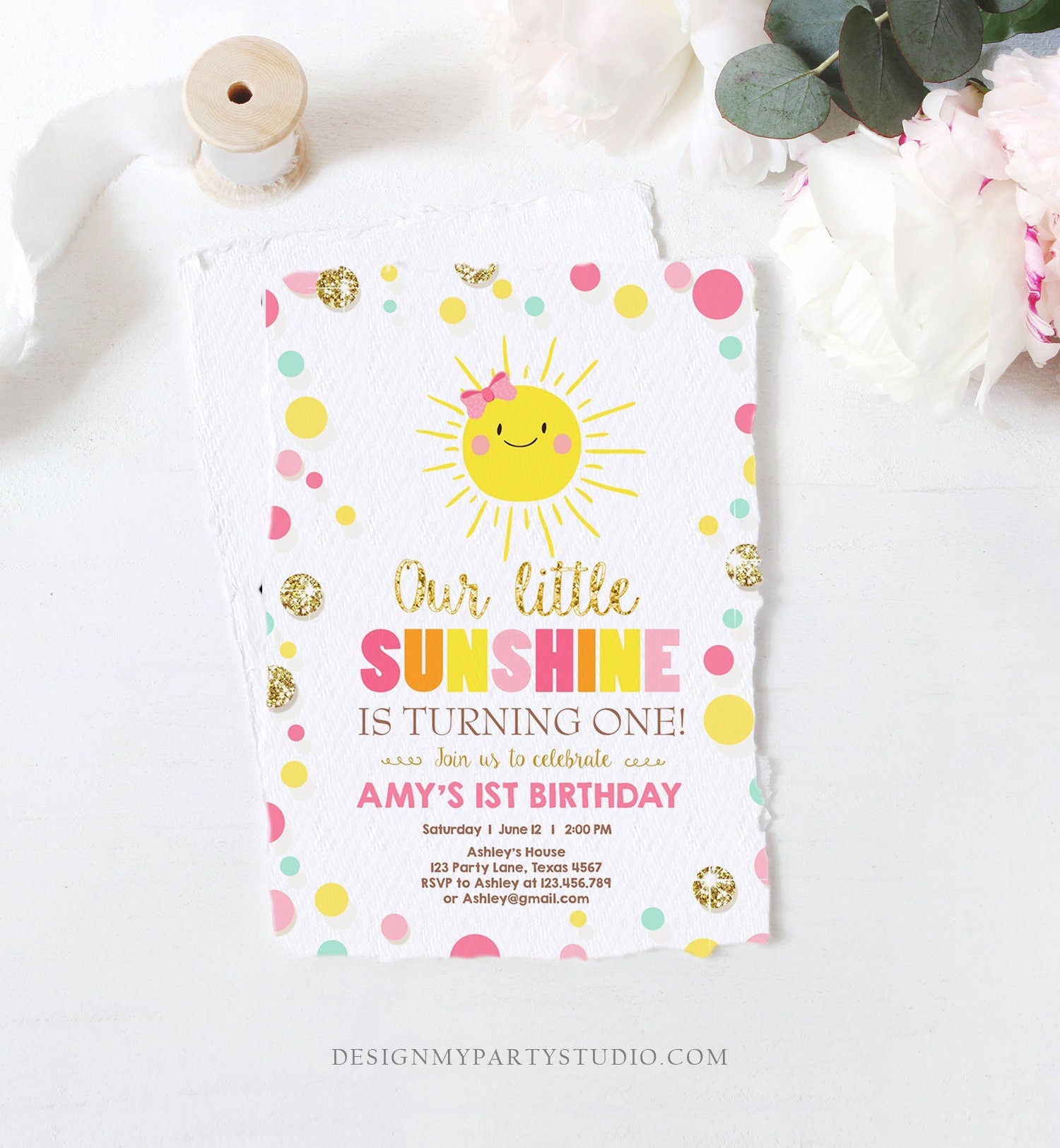 Editable Little Sunshine Birthday Invitation You are My Sunshine Lemonade Girl First Birthday Pink Gold 1st Corjl Template Printable 0244