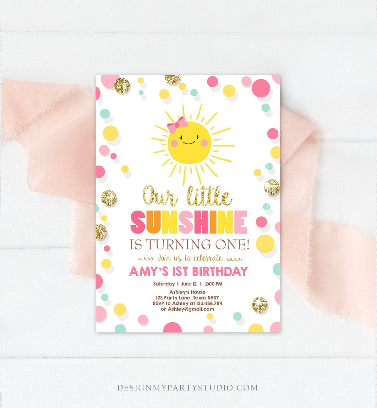 Editable Little Sunshine Birthday Invitation You are My Sunshine Lemonade Girl First Birthday Pink Gold 1st Corjl Template Printable 0244