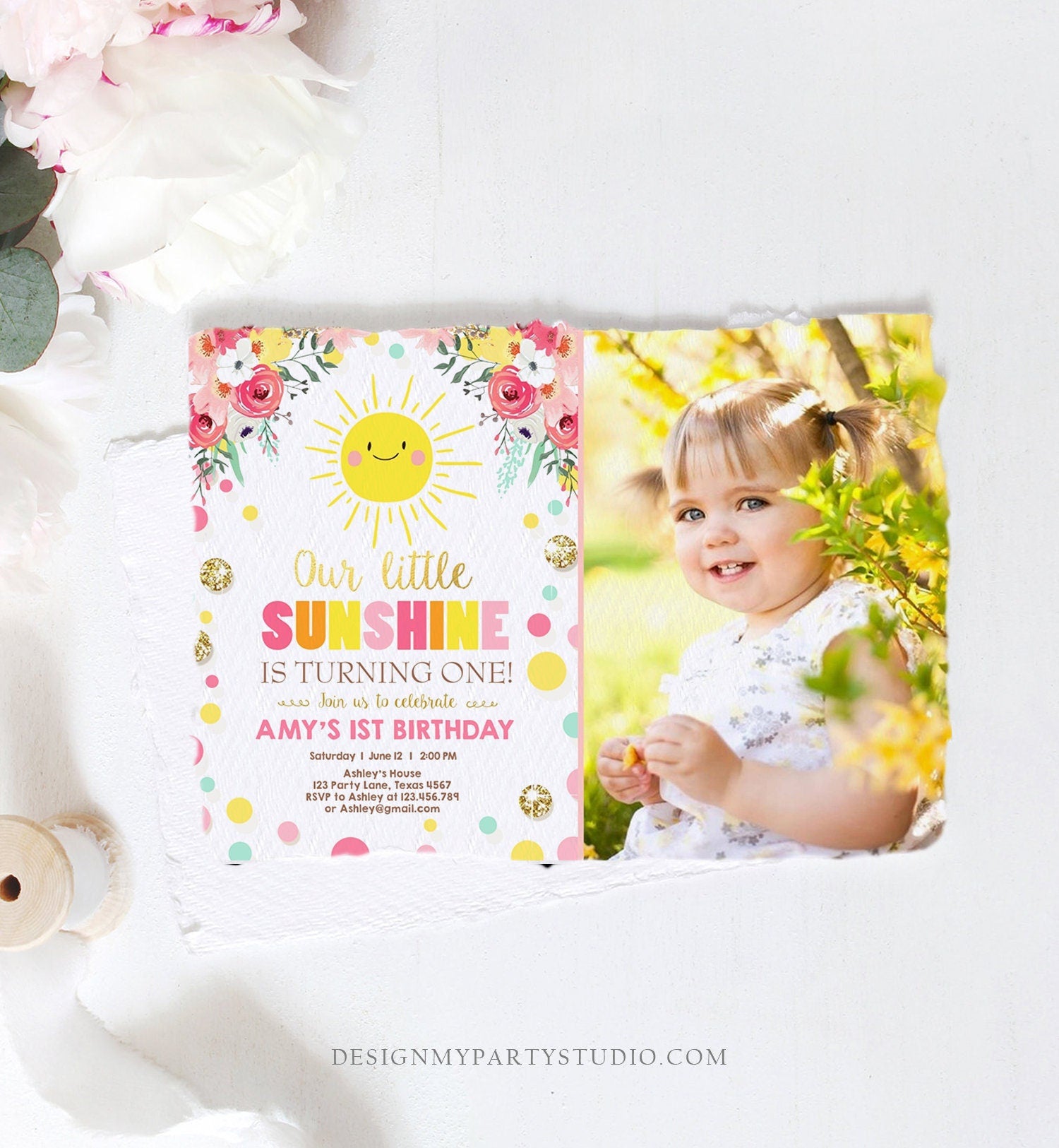 Editable Little Sunshine Birthday Invitation You are My Sunshine Lemonade Girl First Birthday Pink Gold 1st Corjl Template Printable 0244