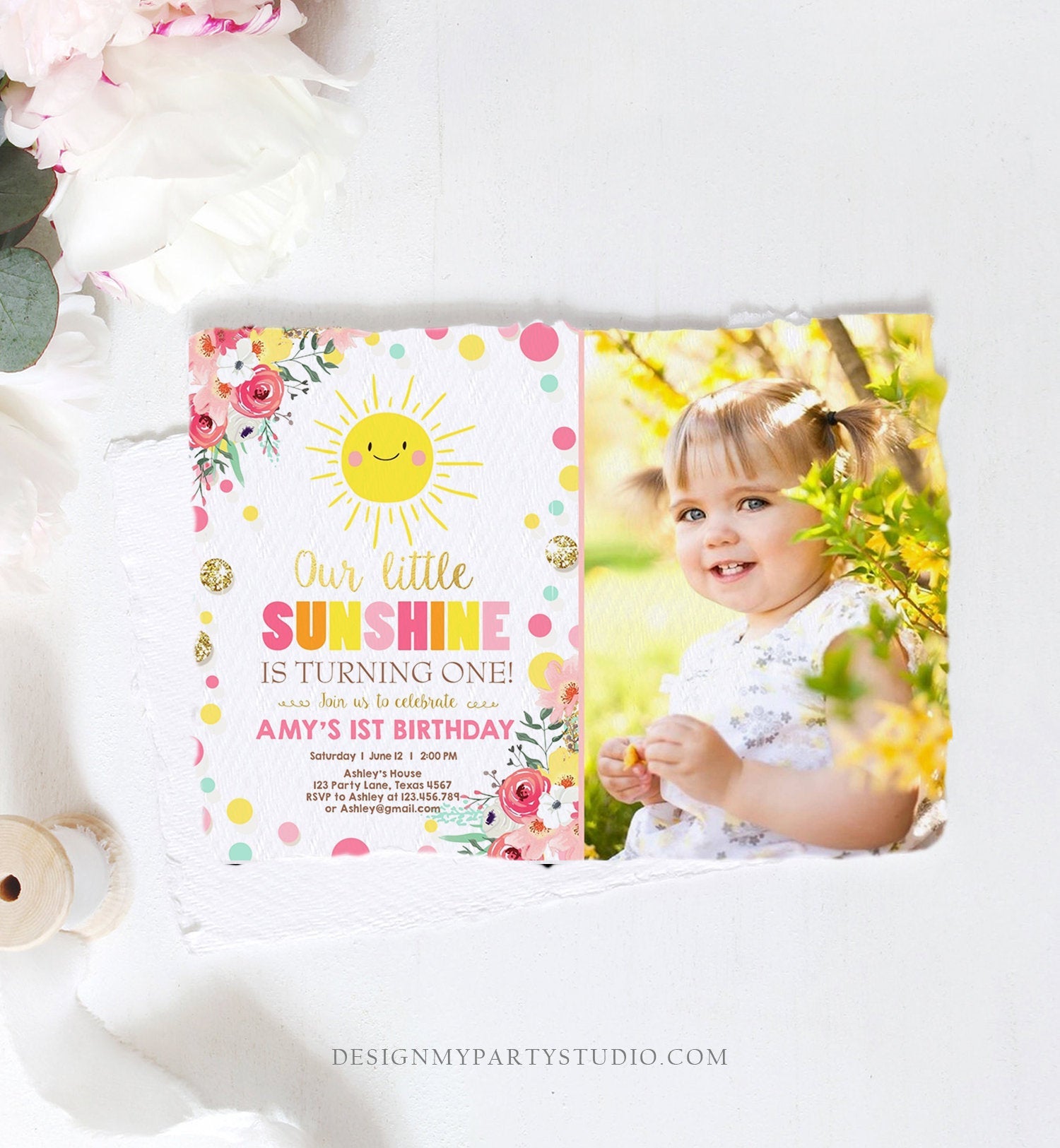 Editable Little Sunshine Birthday Invitation You are My Sunshine Lemonade Girl First Birthday Pink Gold 1st Corjl Template Printable 0244