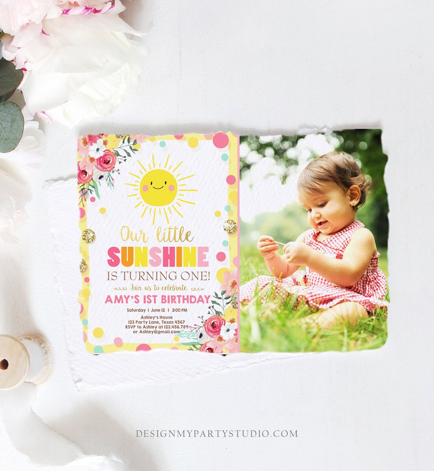 Editable Little Sunshine Birthday Invitation You are My Sunshine Lemonade Girl First Birthday Pink Gold 1st Corjl Template Printable 0244