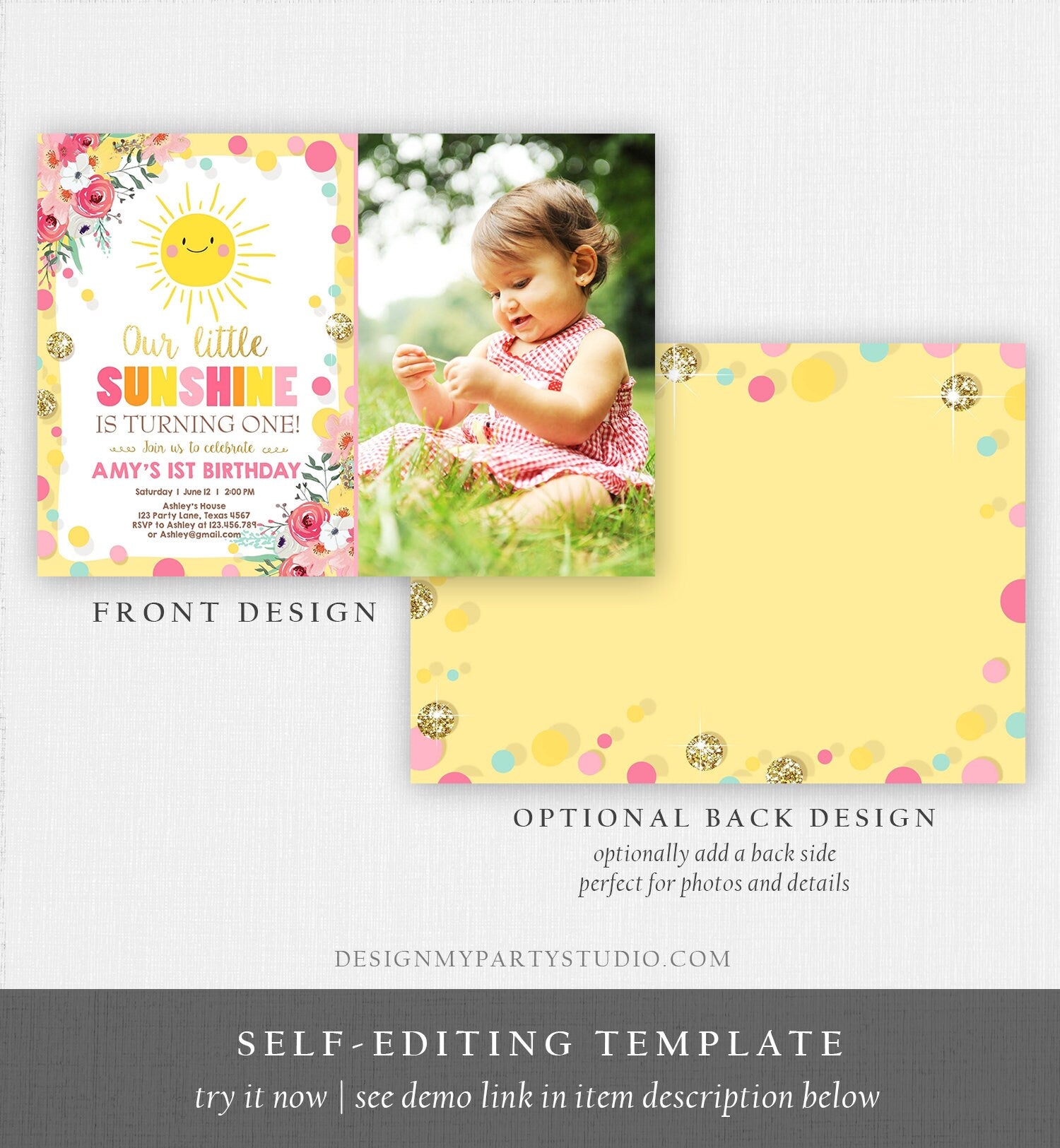 Editable Little Sunshine Birthday Invitation You are My Sunshine Lemonade Girl First Birthday Pink Gold 1st Corjl Template Printable 0244