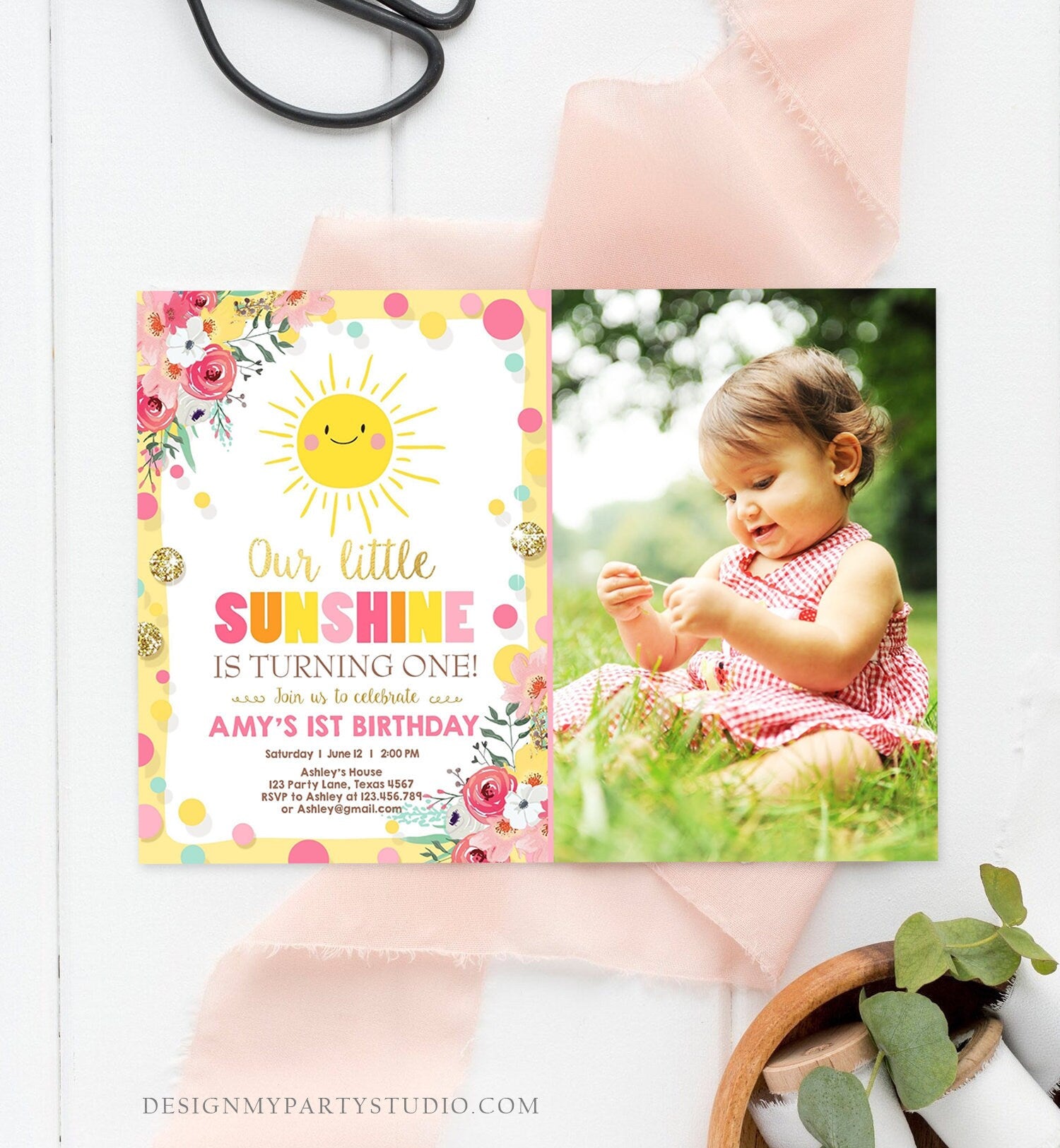 Editable Little Sunshine Birthday Invitation You are My Sunshine Lemonade Girl First Birthday Pink Gold 1st Corjl Template Printable 0244