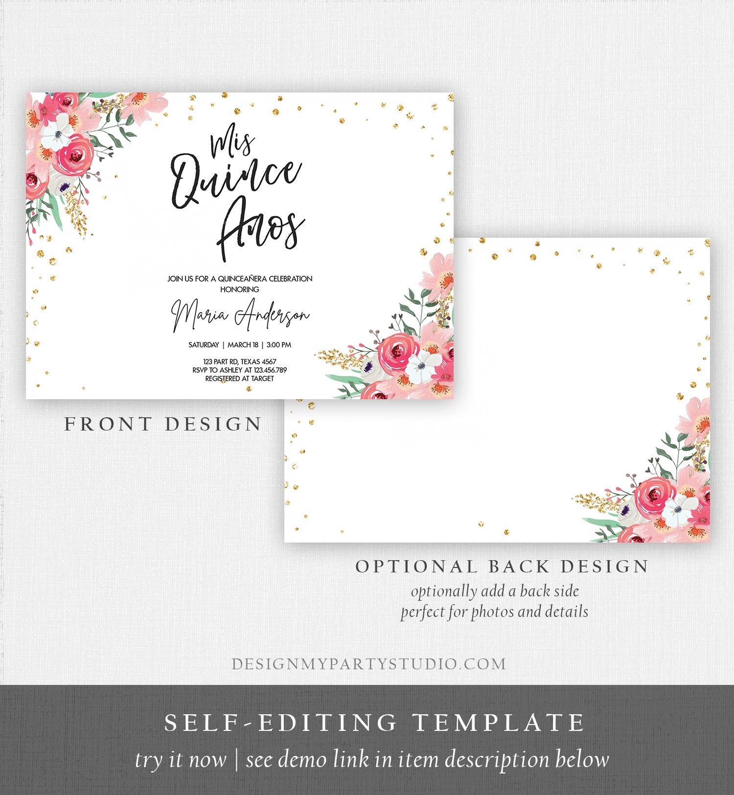 Editable Quinceañera Mis Quince Años Birthday Party Invitation Floral Blush Pink Gold Confetti Flowers Printable Template Corjl 0030 0318