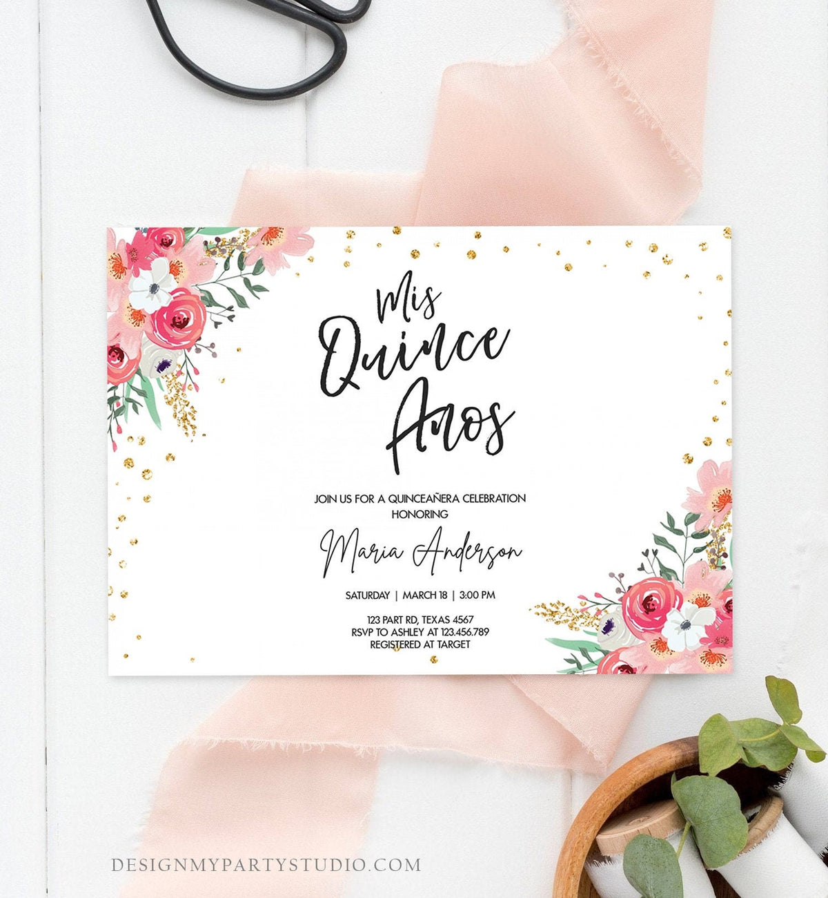 Editable Quinceañera Mis Quince Años Birthday Party Invitation Floral Blush Pink Gold Confetti Flowers Printable Template Corjl 0030 0318