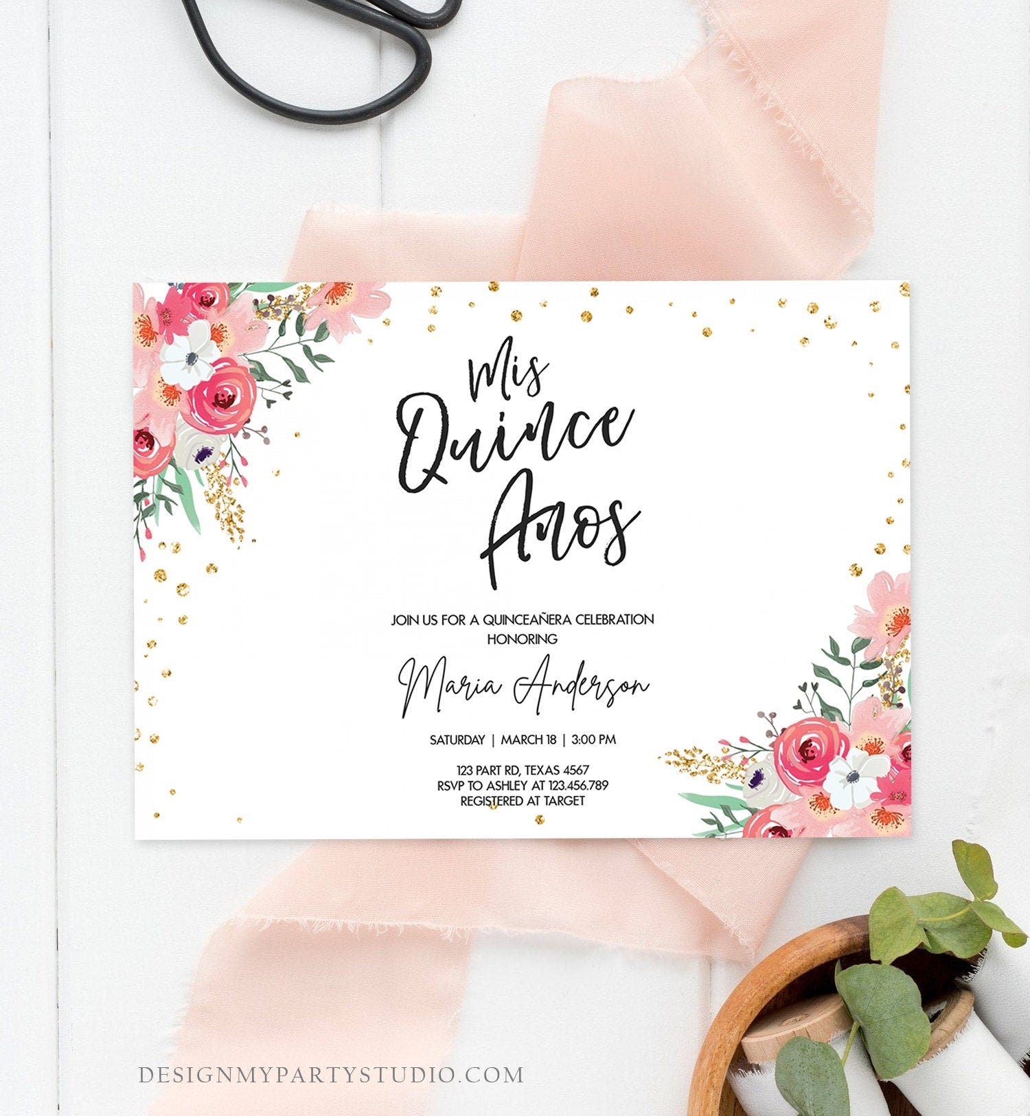 Editable Quinceañera Mis Quince Años Birthday Party Invitation Floral Blush Pink Gold Confetti Flowers Printable Template Corjl 0030 0318