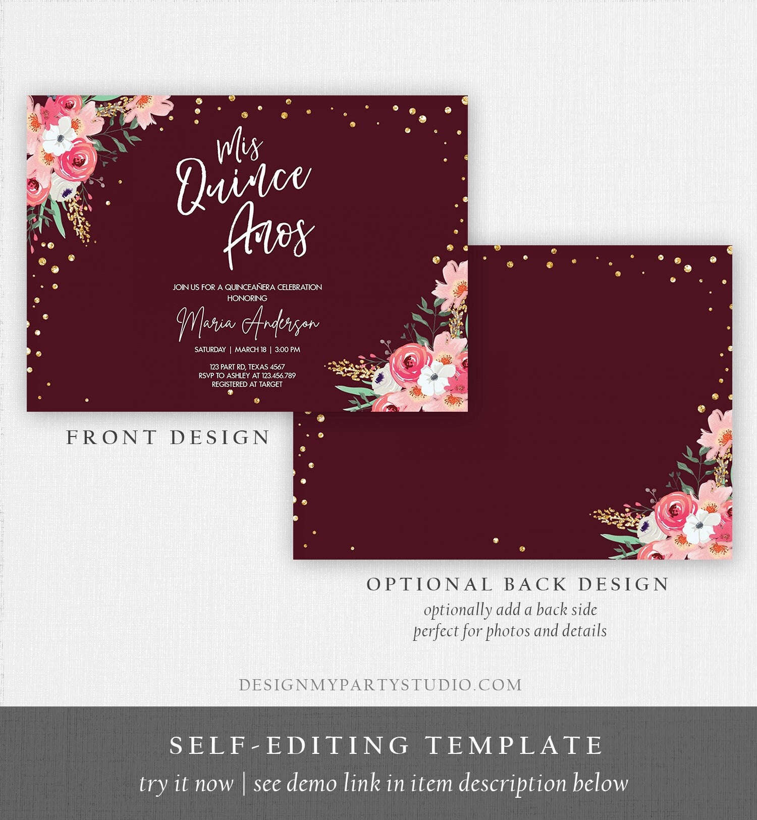 Editable Quinceañera Mis Quince Años Birthday Party Invitation Floral Blush Pink Gold Burgundy Confetti Flowers Template Corjl 0030