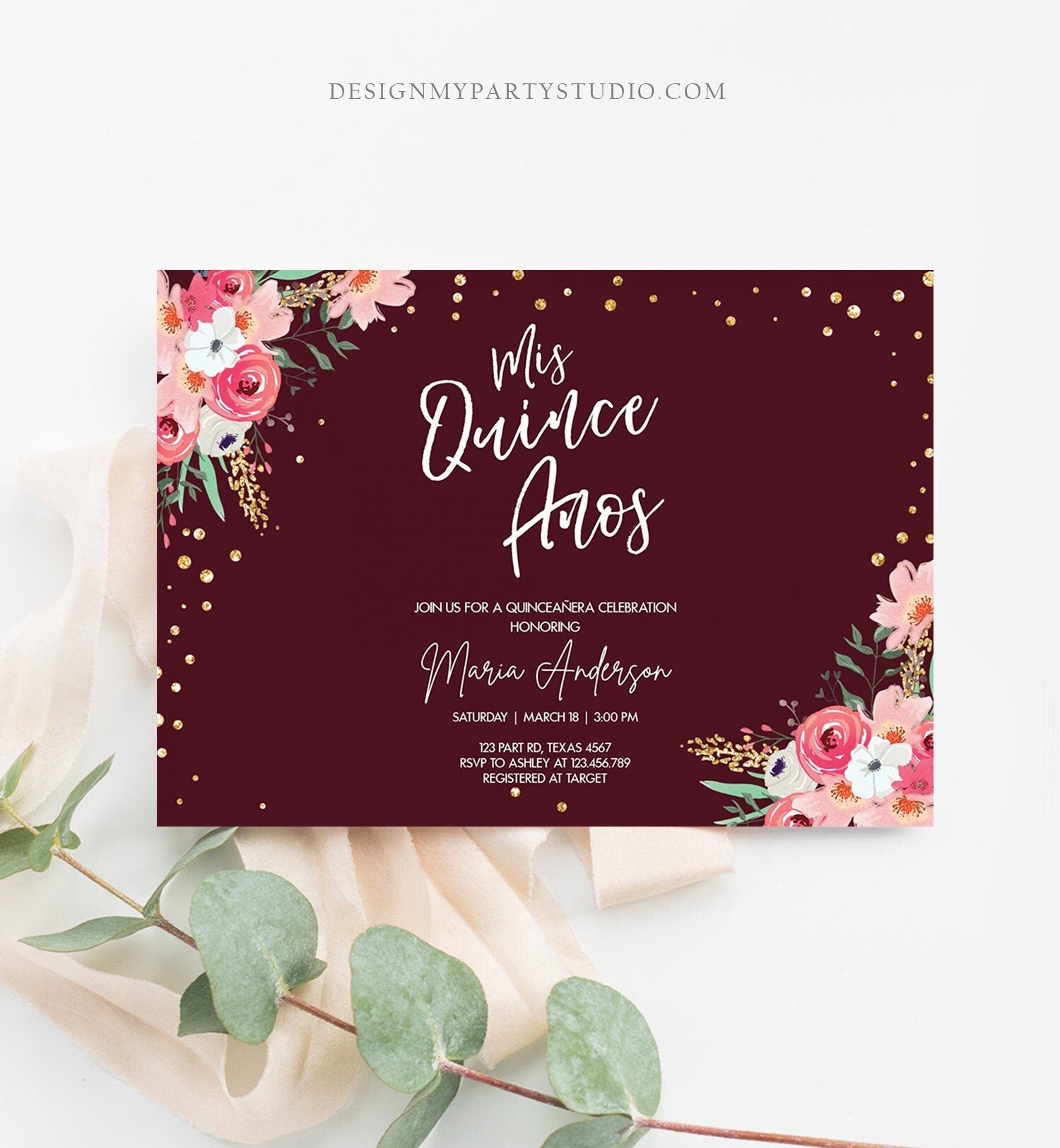 Editable Quinceañera Mis Quince Años Birthday Party Invitation Floral Blush Pink Gold Burgundy Confetti Flowers Template Corjl 0030