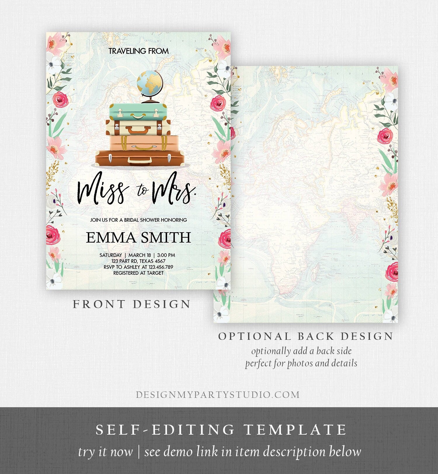 Editable Miss to Mrs Travel Bridal Shower Invitation Flowers Globe Suitcase Gold Confetti Traveling Download Printable Corjl Template 0030