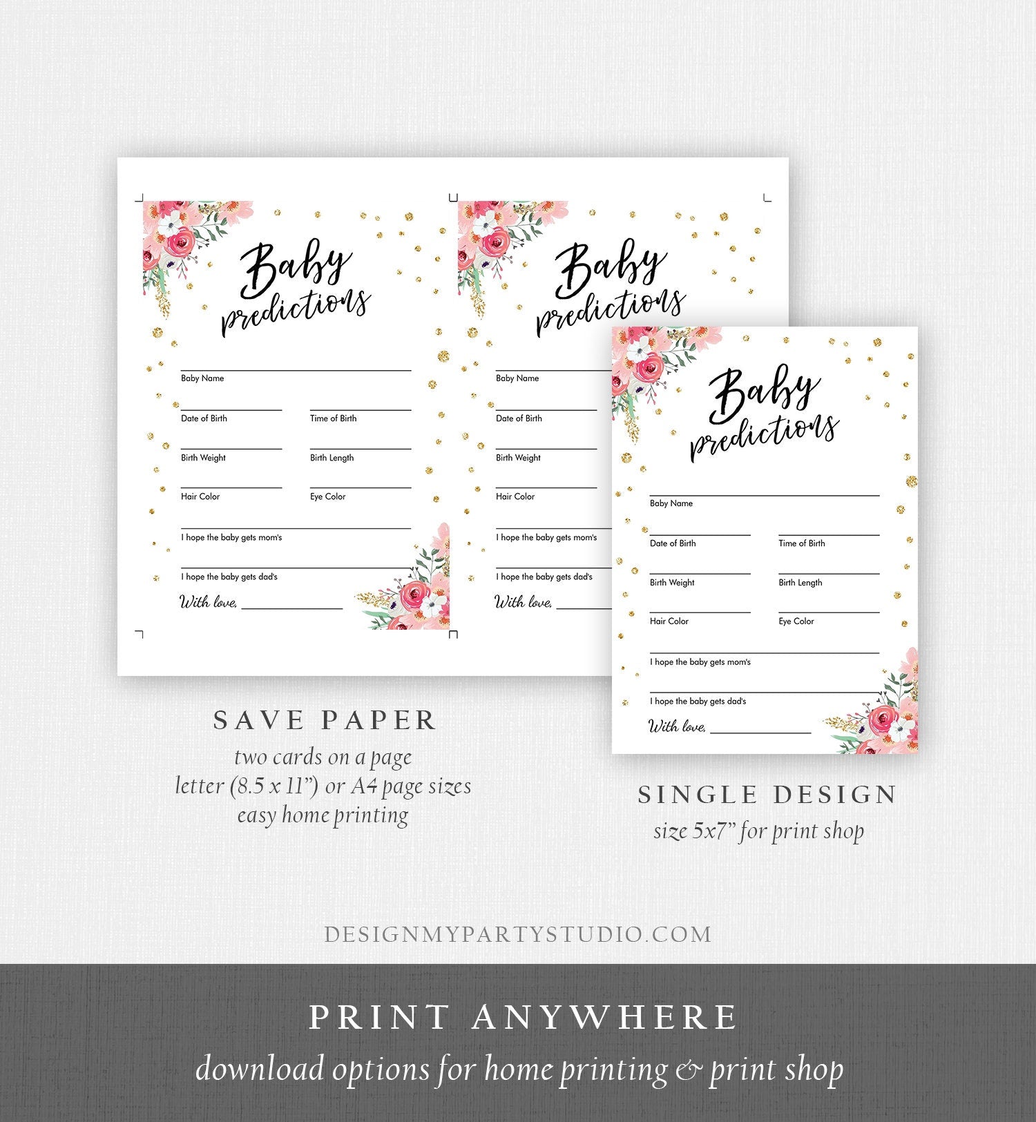 Editable Baby Predictions Game Card Shower Activity Baby Girl Floral Pink and Gold Baby Shower Game Template PRINTABLE Corjl 0030 0318