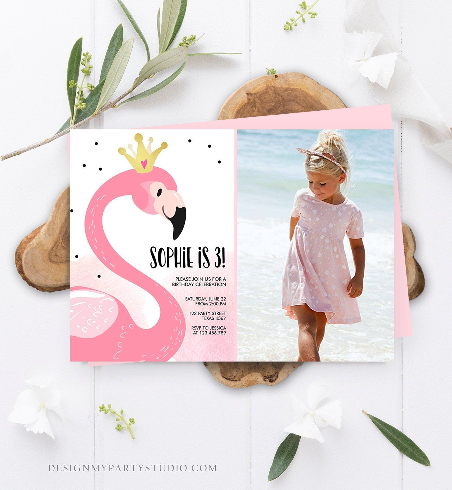 Editable Flamingo Birthday Invitation Tropical Party Invite Girls Summer Pink Gold Crown Instant Download Printable Template Corjl 0019