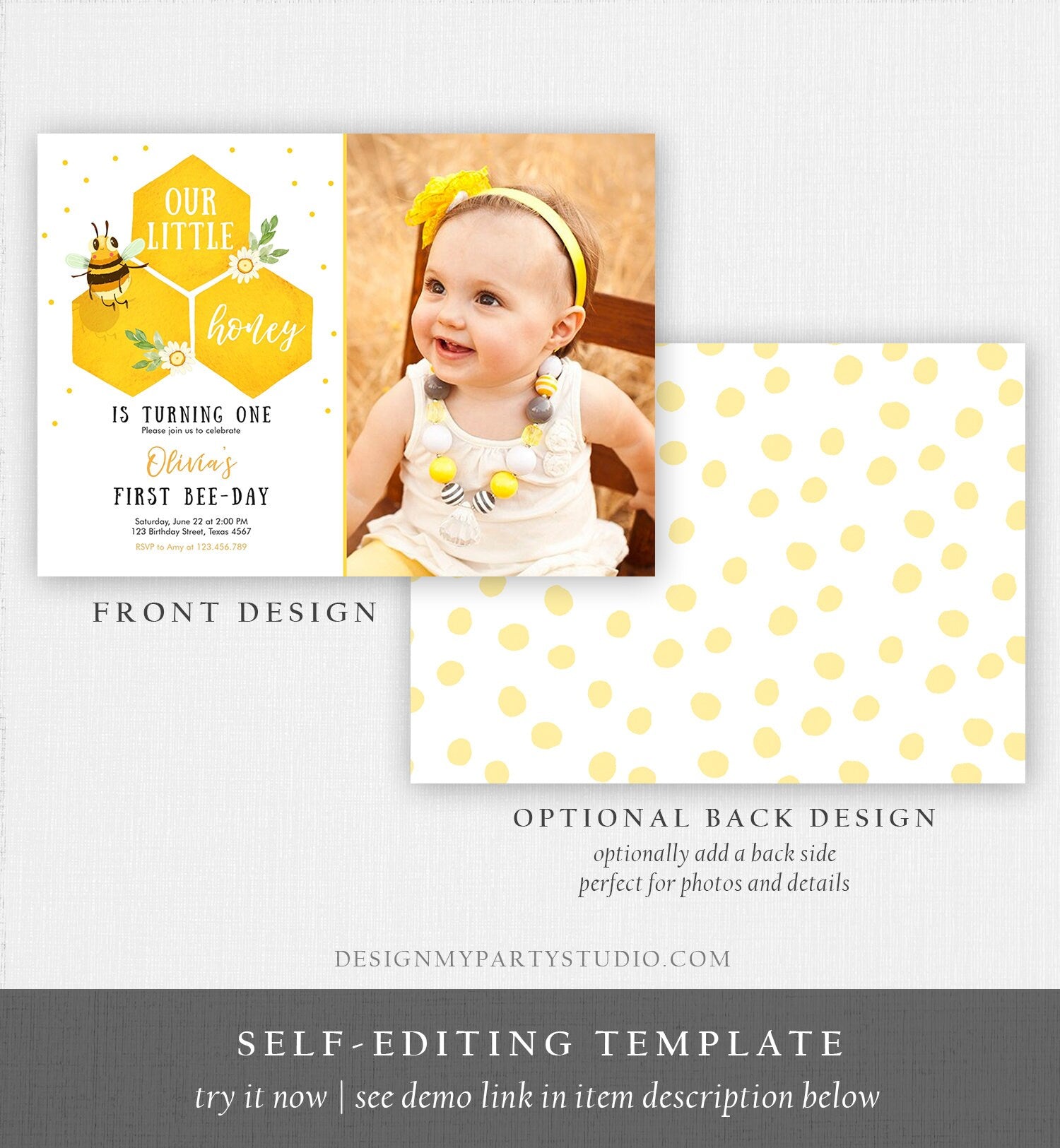 Editable Little Honey Birthday Party Invitation Bee-Day Invite Bee Party Bee Birthday Summer Download Printable Template Digital Corjl 0317