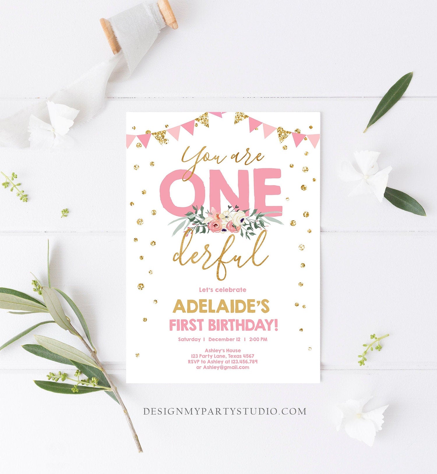 Editable Onederful Birthday Invitation Girl First Birthday Party Miss Onederful Pink Gold Glitter 1st Download Corjl Template Printable 0165