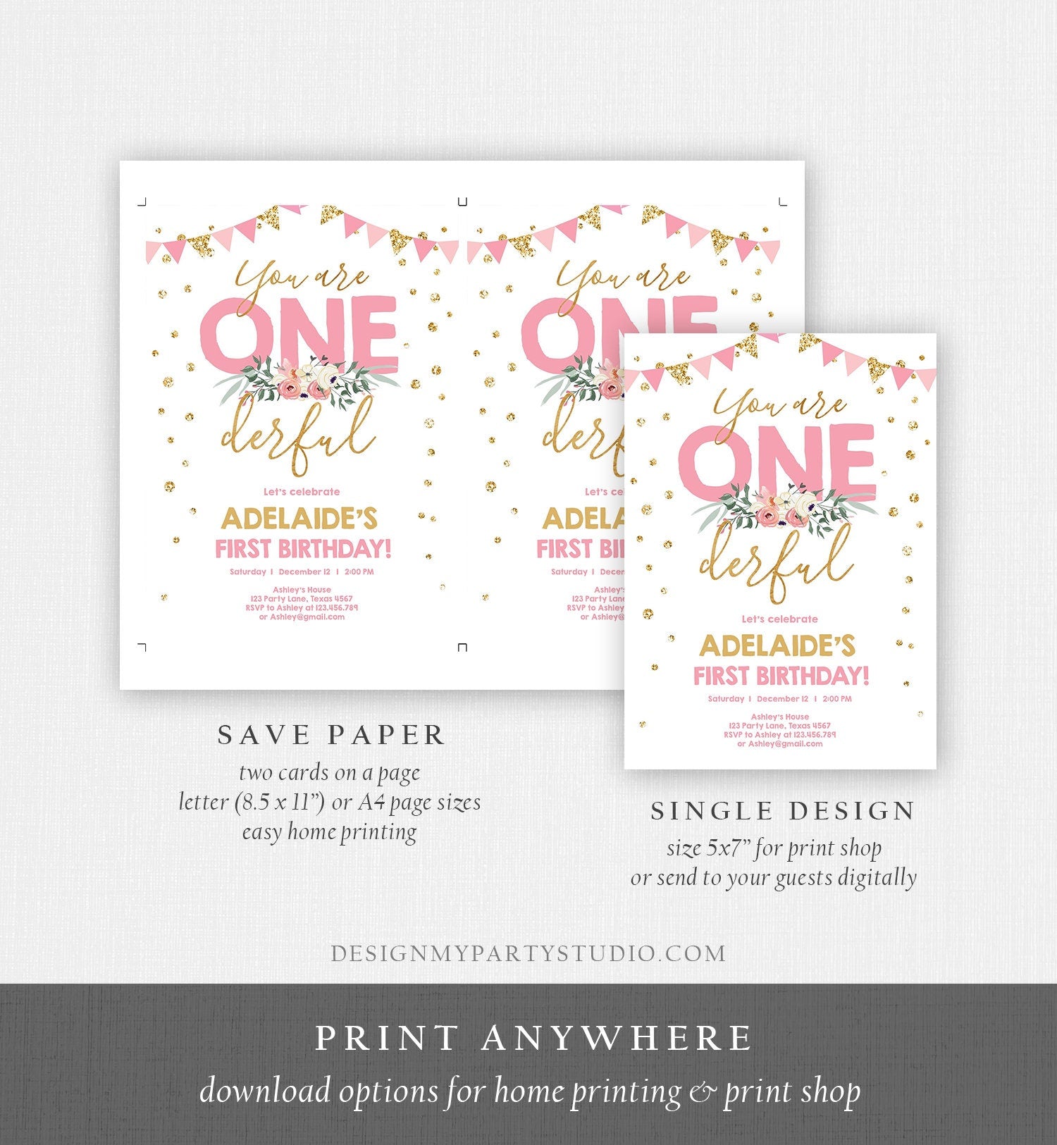 Editable Onederful Birthday Invitation Girl First Birthday Party Miss Onederful Pink Gold Glitter 1st Download Corjl Template Printable 0165