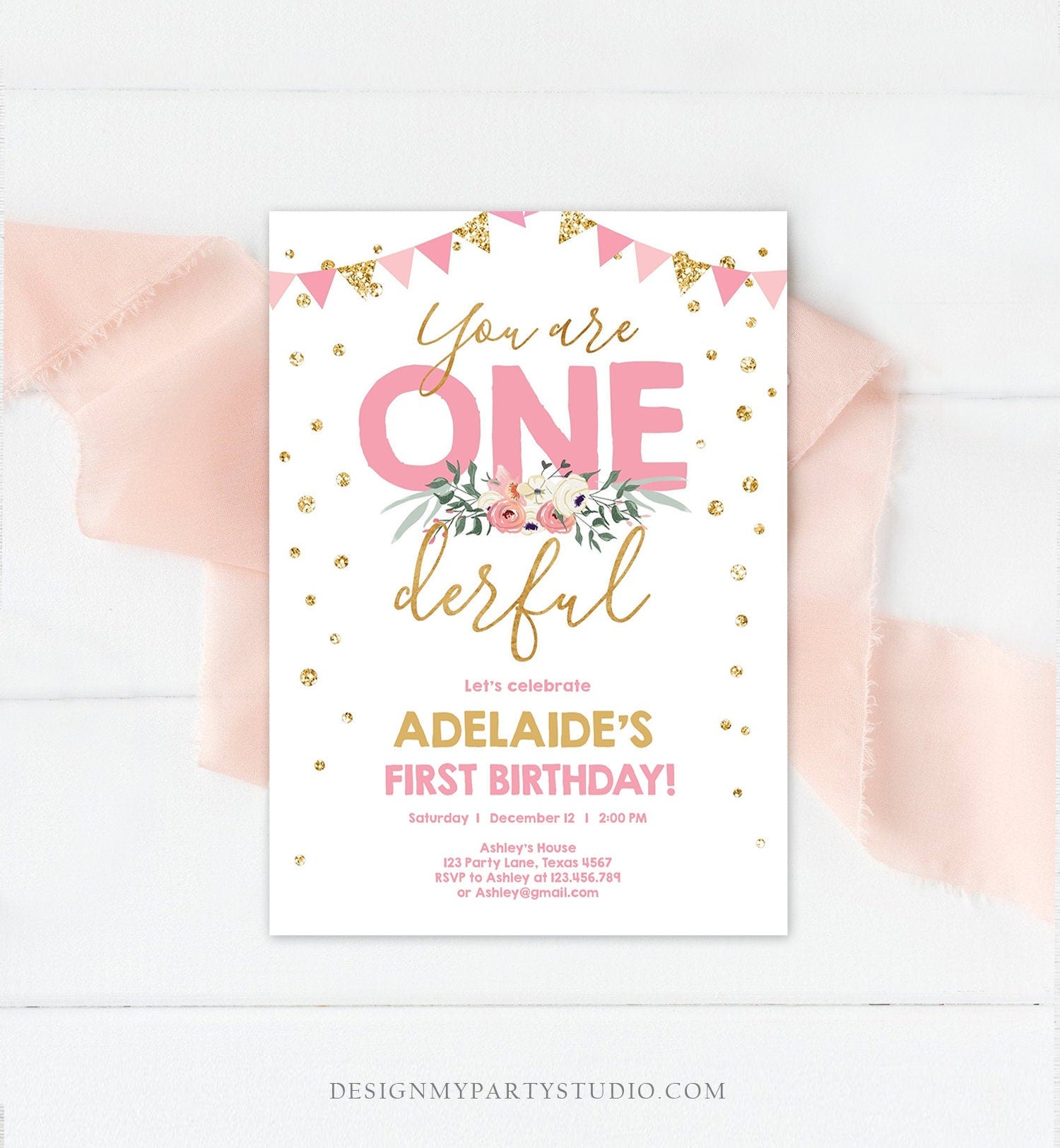 Editable Onederful Birthday Invitation Girl First Birthday Party Miss Onederful Pink Gold Glitter 1st Download Corjl Template Printable 0165