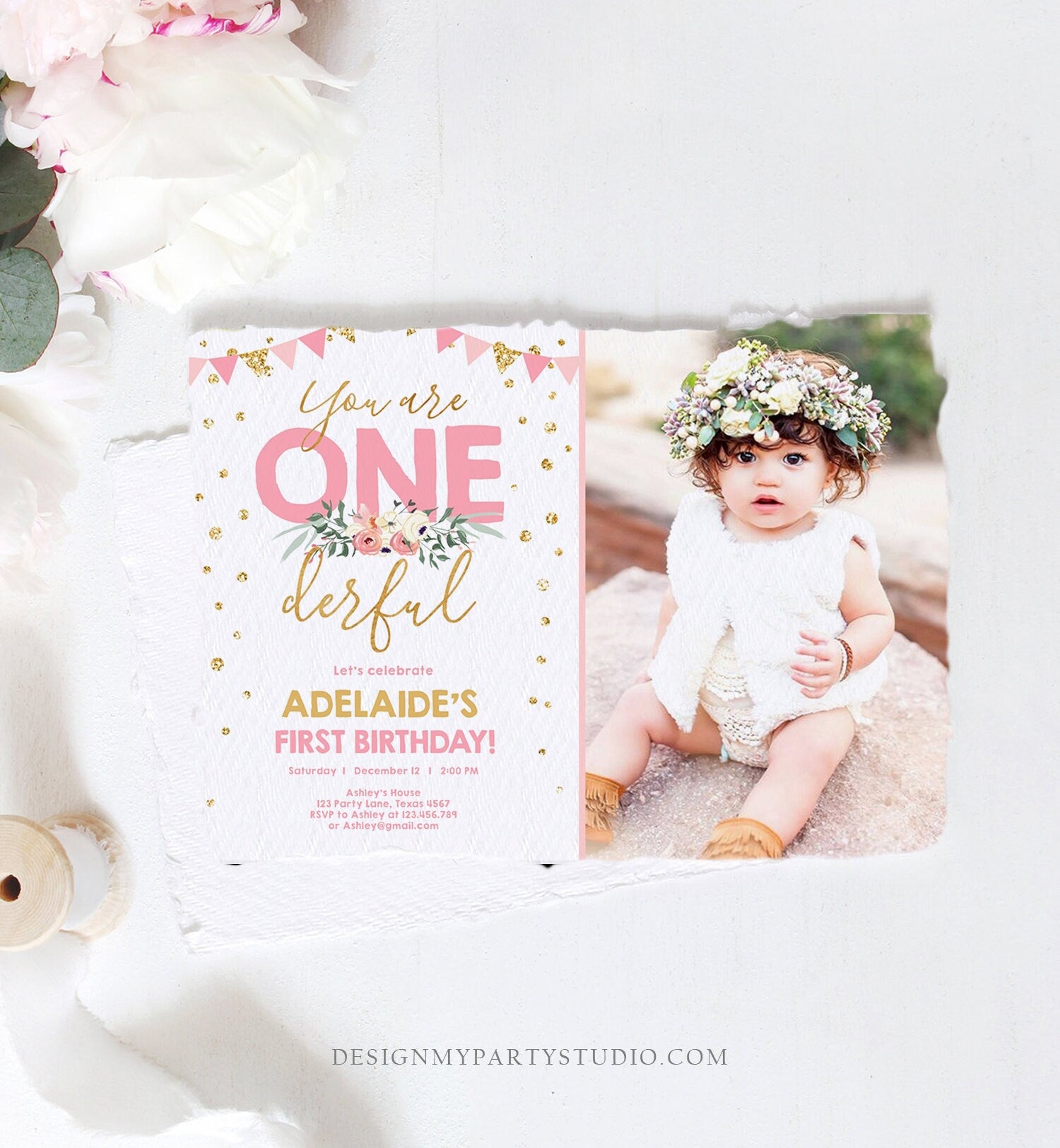 Editable Onederful Birthday Invitation Girl First Birthday Party Miss Onederful Pink Gold Glitter 1st Download Corjl Template Printable 0165