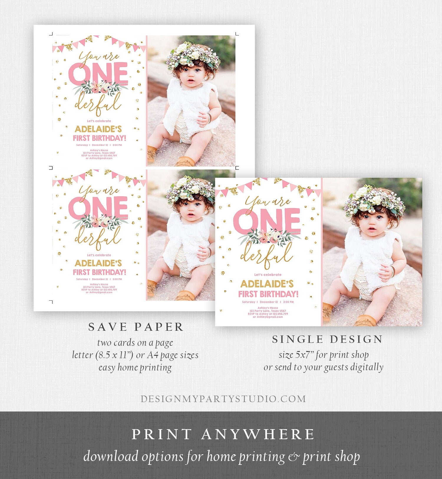 Editable Onederful Birthday Invitation Girl First Birthday Party Miss Onederful Pink Gold Glitter 1st Download Corjl Template Printable 0165