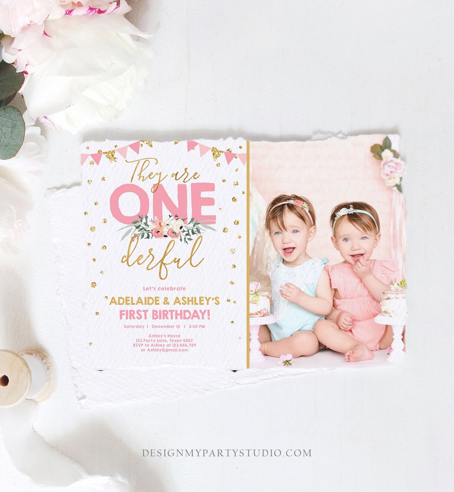 Editable Onederful Birthday Invitation Girls First Birthday Party They Are Onederful Pink Gold 1st Download Corjl Template Printable 0165