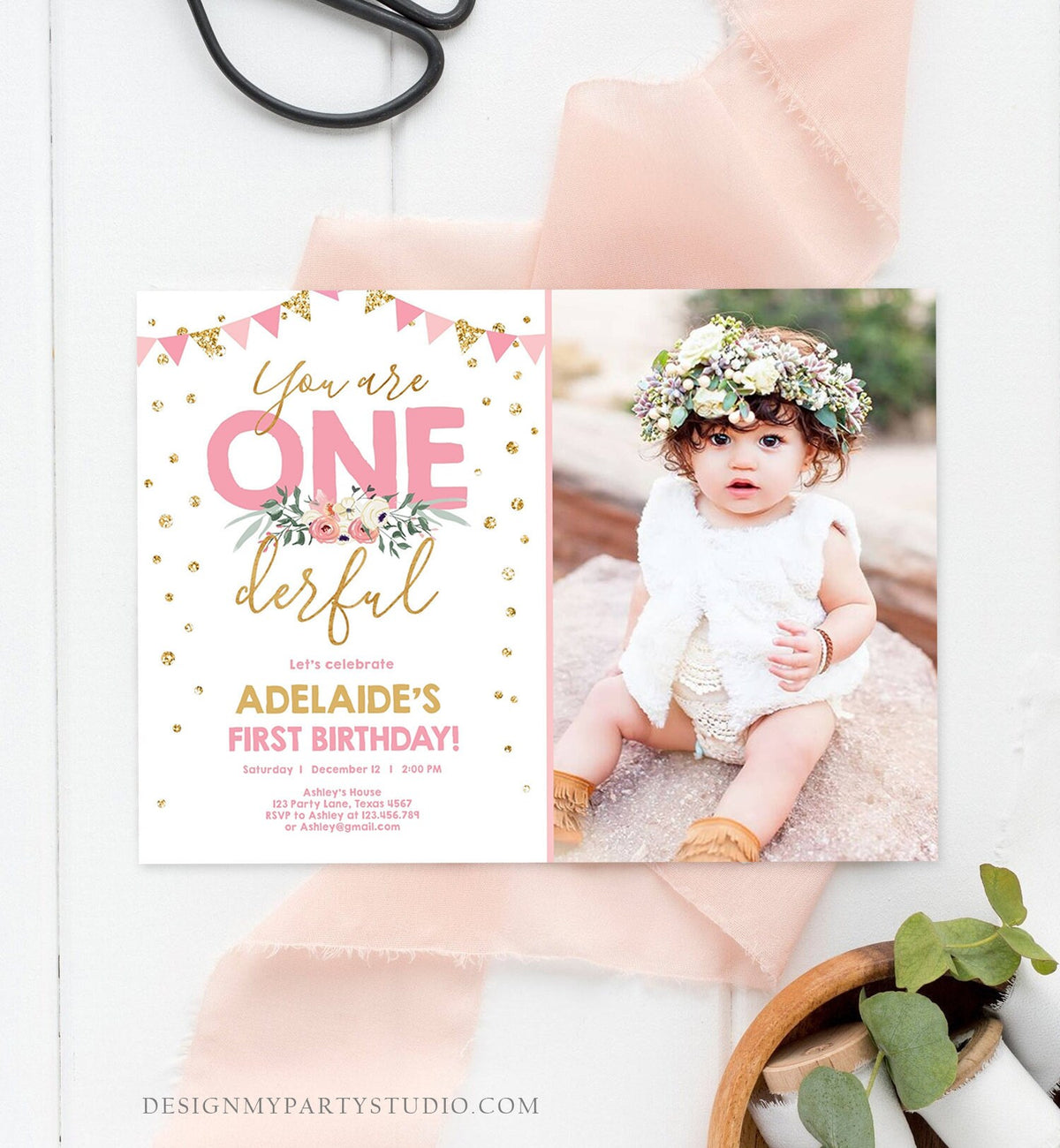 Editable Onederful Birthday Invitation Girl First Birthday Party Miss Onederful Pink Gold Glitter 1st Download Corjl Template Printable 0165