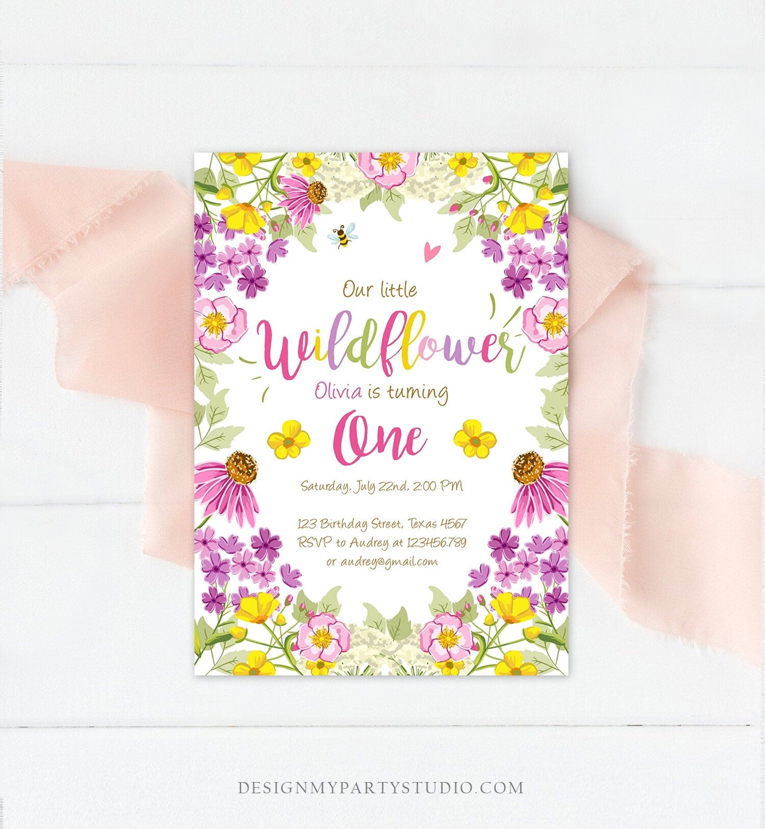 Editable Little Wildflower Birthday Invitation ANY AGE Floral Wild Flower Pink Girl First Birthday 1st Corjl Template Printable 0217