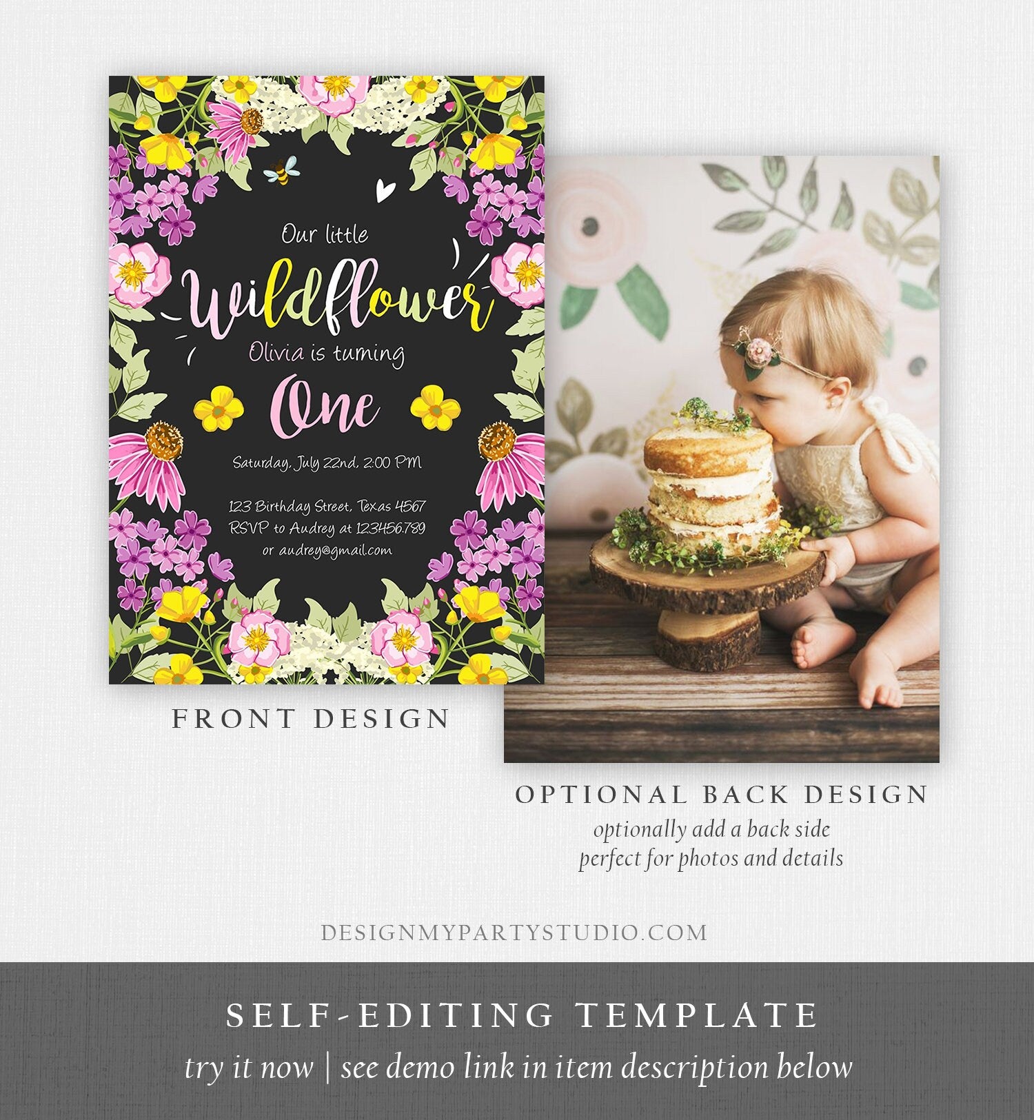 Editable Little Wildflower Birthday Invitation ANY AGE Floral Wild Flower Pink Girl First Birthday 1st Corjl Template Printable 0217