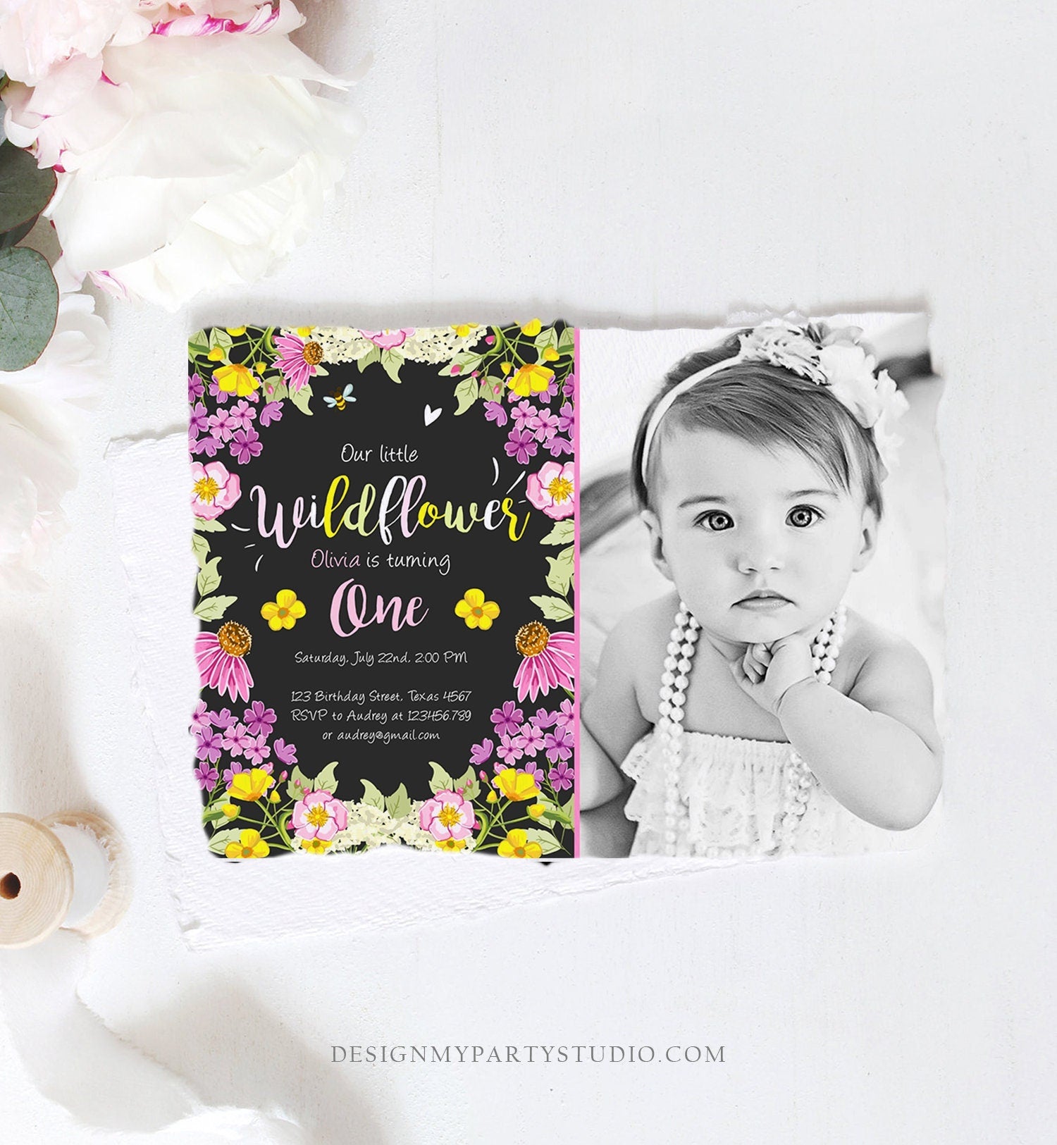 Editable Little Wildflower Birthday Invitation ANY AGE Floral Wild Flower Pink Girl First Birthday 1st Corjl Template Printable 0217