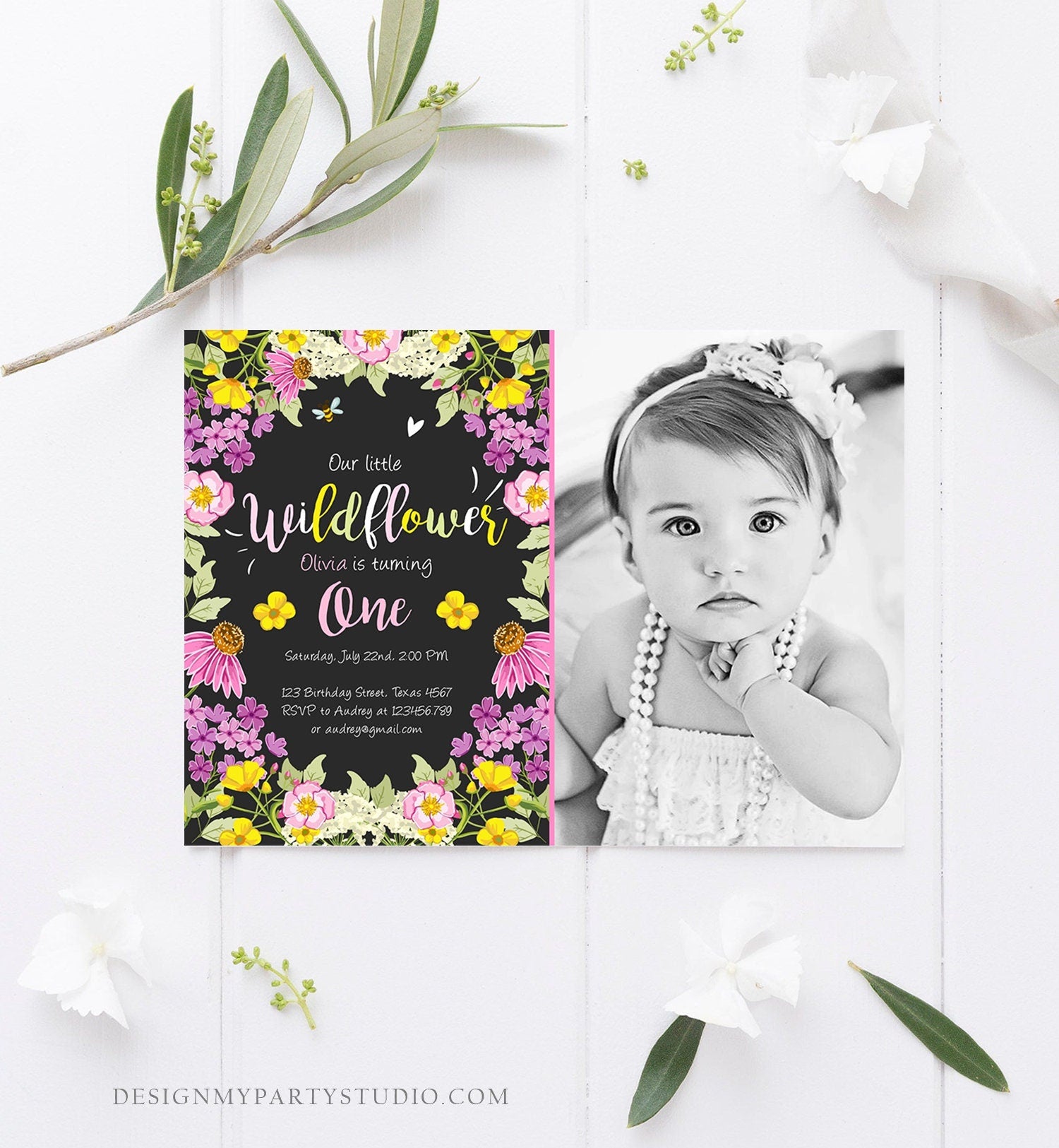 Editable Little Wildflower Birthday Invitation ANY AGE Floral Wild Flower Pink Girl First Birthday 1st Corjl Template Printable 0217