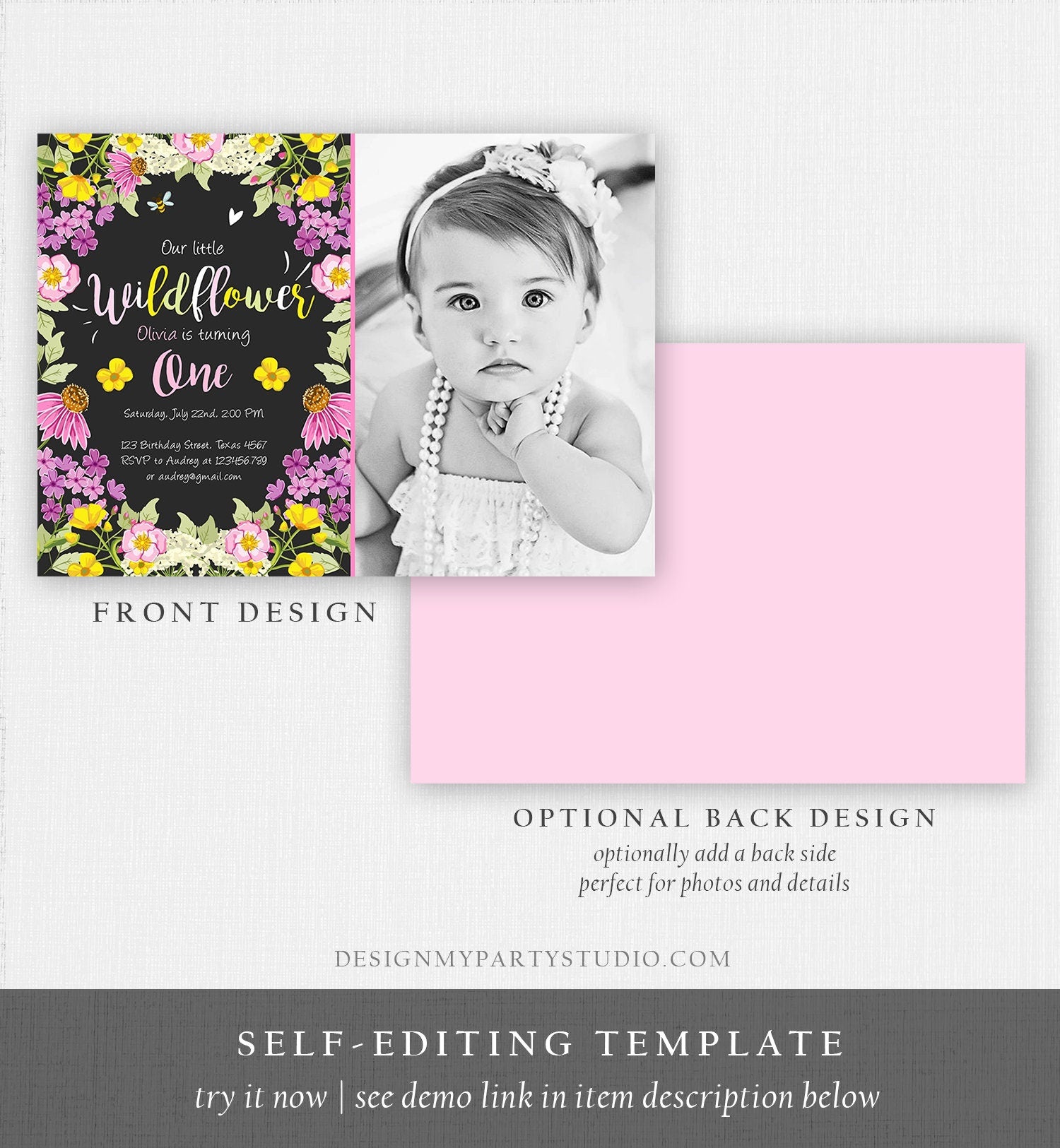 Editable Little Wildflower Birthday Invitation ANY AGE Floral Wild Flower Pink Girl First Birthday 1st Corjl Template Printable 0217