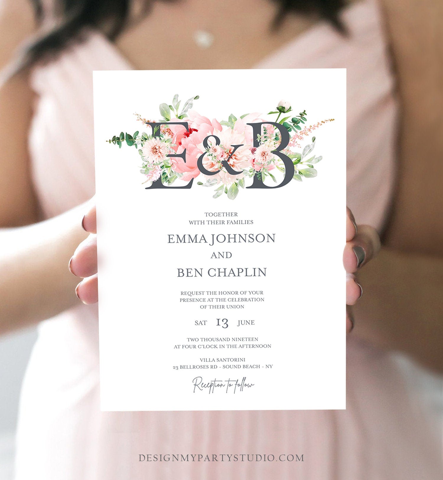 Editable Monogram Botanical Flowers Wedding Invitation Template Floral Greenery Spring Pink Peony Colors Digital Printable Corjl 0167