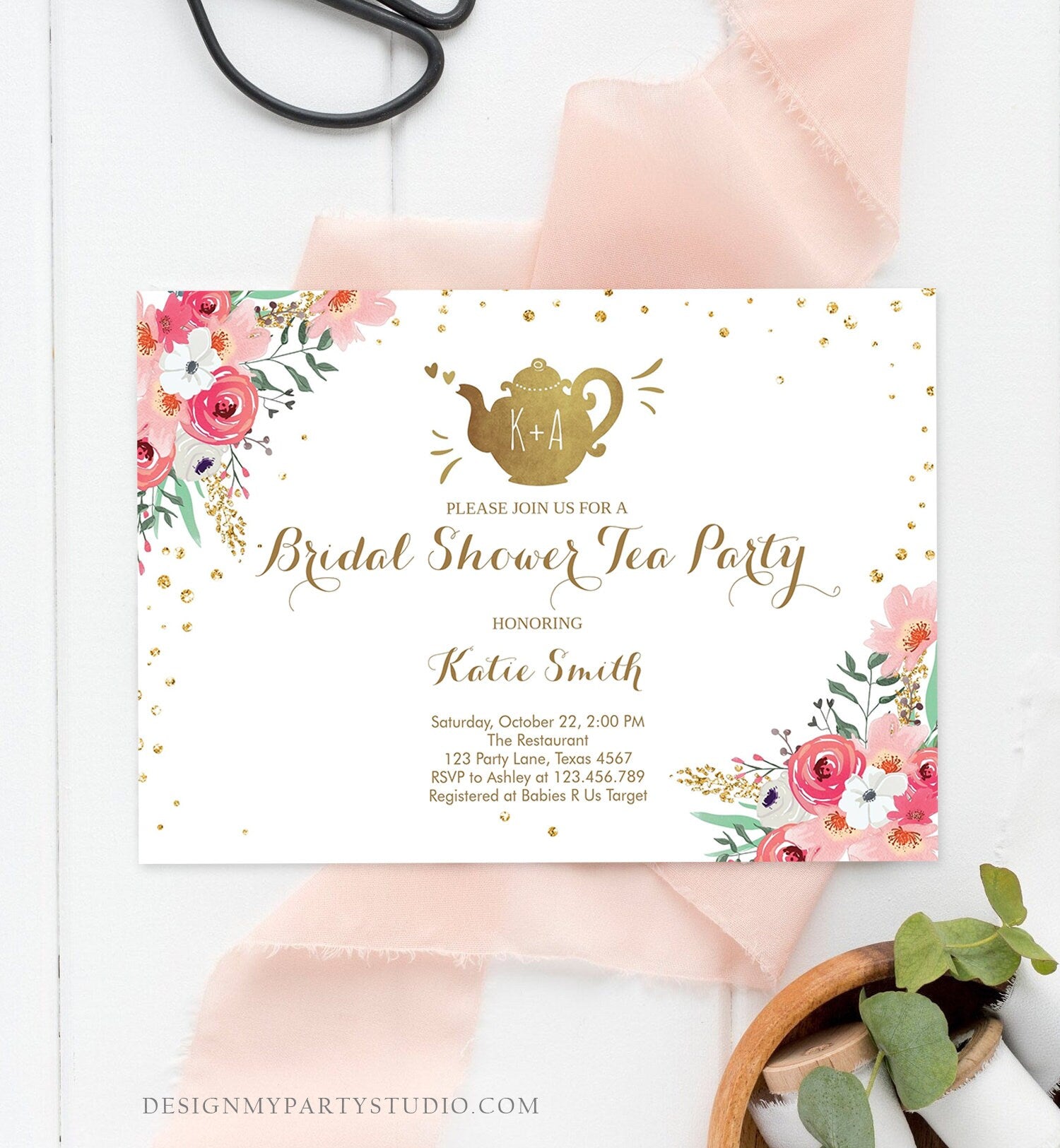 Editable Bridal Shower Tea Party Invitation Floral Tea pot Invite Pink and Gold Wedding Luncheon Download Printable Template Corjl Digital