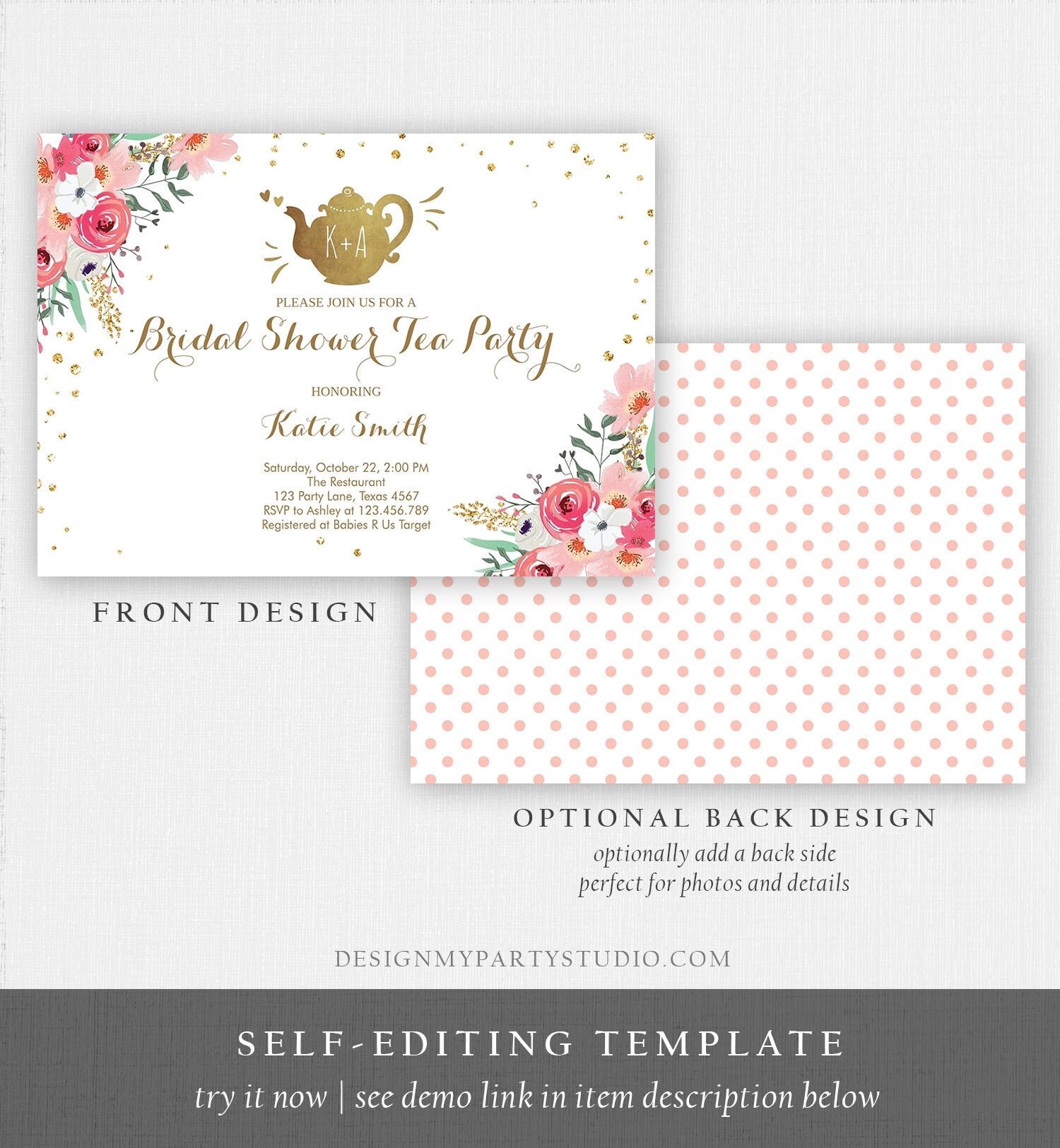 Editable Bridal Shower Tea Party Invitation Floral Tea pot Invite Pink and Gold Wedding Luncheon Download Printable Template Corjl Digital