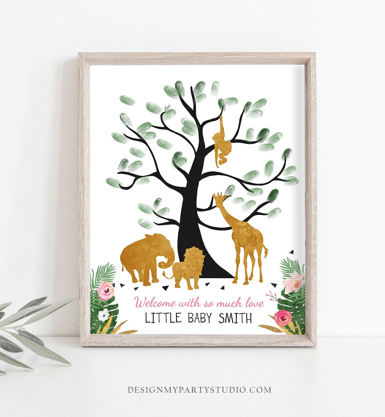 Editable Safari Animals Baby Shower Fingerprint Guestbook Thumbprint Guest Book Tree Jungle Wild One Gold Pink Girl Corjl Template 0016