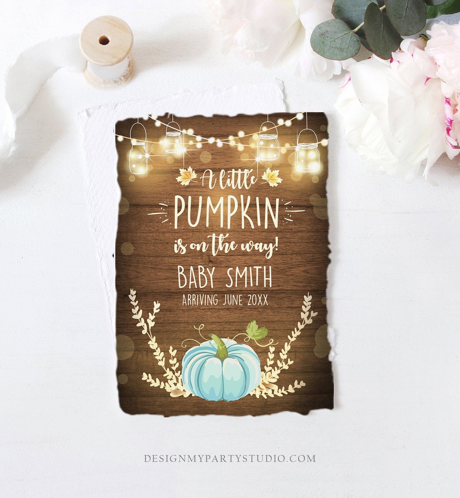 Editable Pumpkin Pregnancy Announcement Little Pumpkin On The Way Fall Wood Autumn Baby Boy Blue Arriving Corjl Template Printable 0015