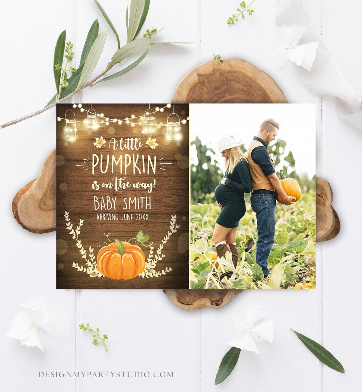 Editable Pumpkin Pregnancy Announcement Little Pumpkin On The Way Fall Wood Autumn Baby Arriving Download Corjl Template Printable 0015