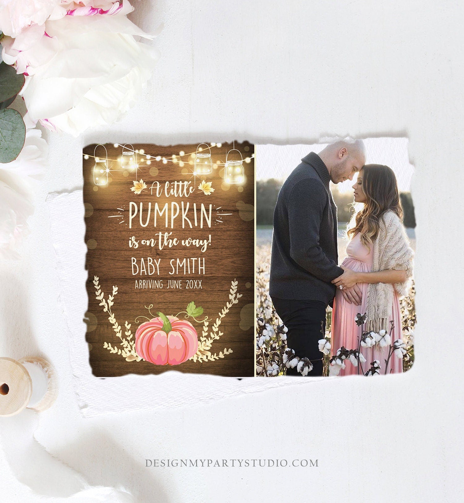 Editable Pumpkin Pregnancy Announcement Little Pumpkin On The Way Fall Wood Autumn Baby Girl Pink Arriving Corjl Template Printable 0015