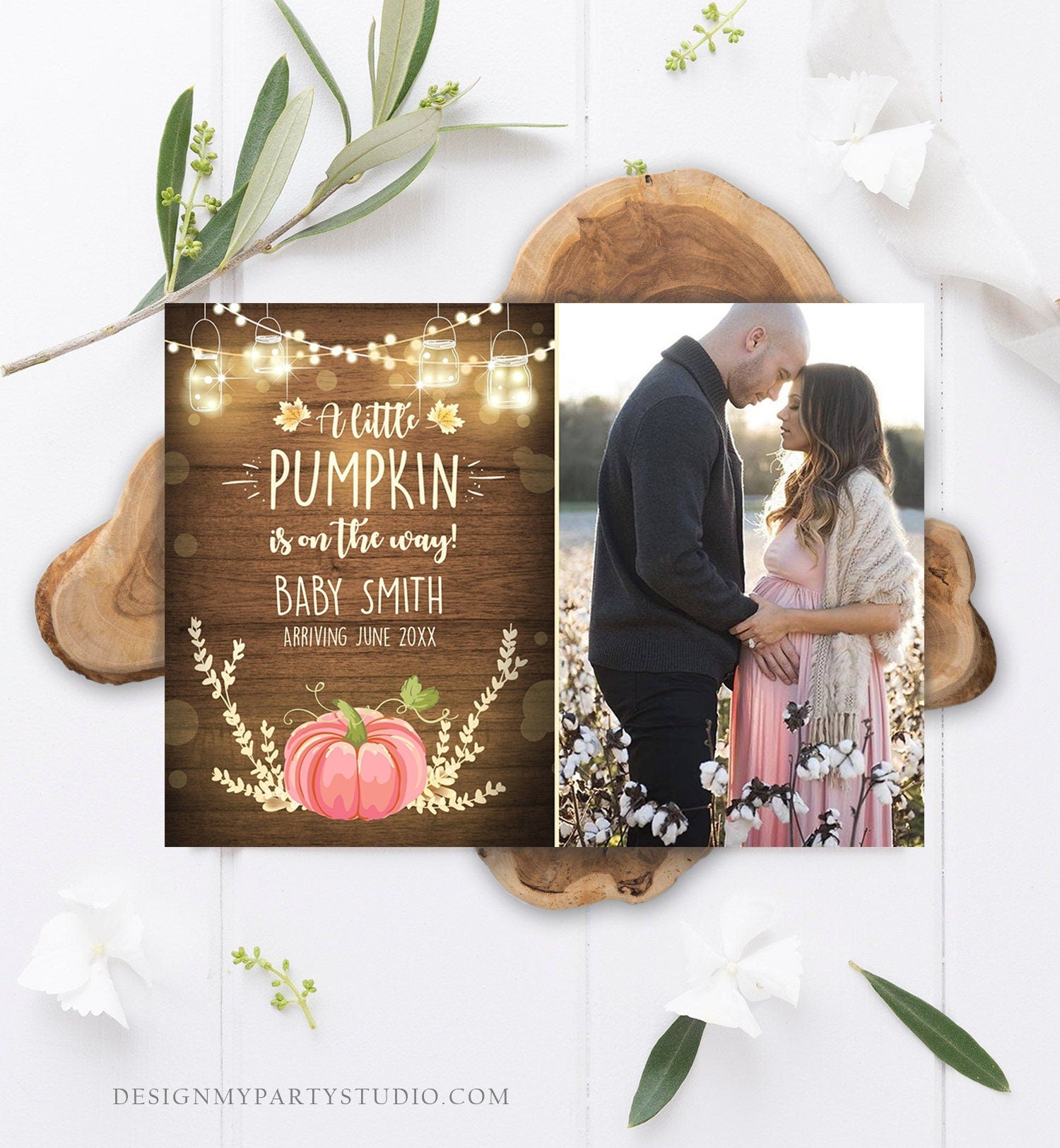 Editable Pumpkin Pregnancy Announcement Little Pumpkin On The Way Fall Wood Autumn Baby Girl Pink Arriving Corjl Template Printable 0015