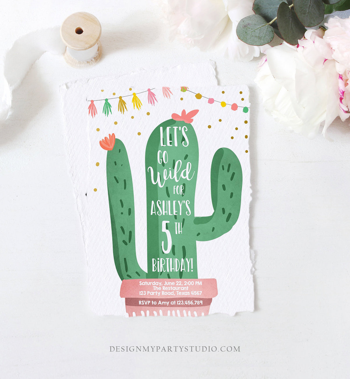 Editable Cactus Fiesta Birthday Invitation Pink Girl First Birthday Succulent 1st Mexican Fiesta and Fun Corjl Template Printable 0255