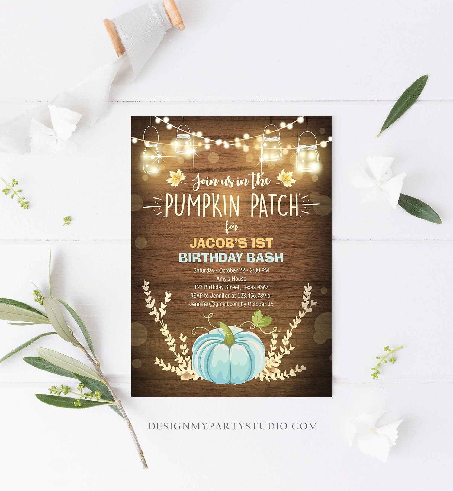 Editable Little Pumpkin Birthday Invitation Blue Pumpkin Patch Autumn Fall Rustic Boy 1st First Birthday Corjl Invitation Printable 0015