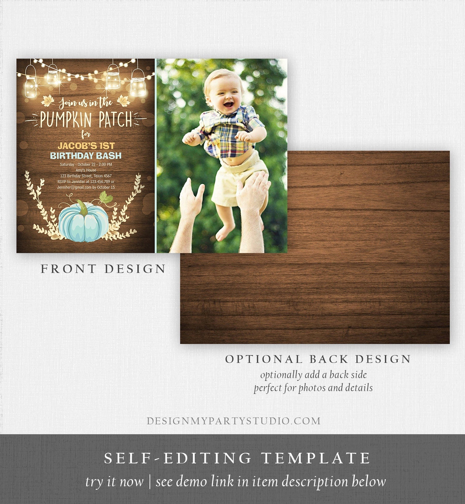 Editable Little Pumpkin Birthday Invitation Blue Pumpkin Patch Autumn Fall Rustic Boy 1st First Birthday Corjl Invitation Printable 0015