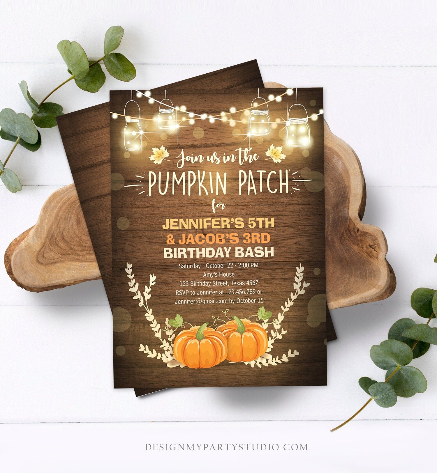 Editable Little Pumpkins Birthday Invitation Orange Pumpkins Patch Autumn Fall Rustic Boy Girl Twins Twin Corjl Invitation Printable 0015