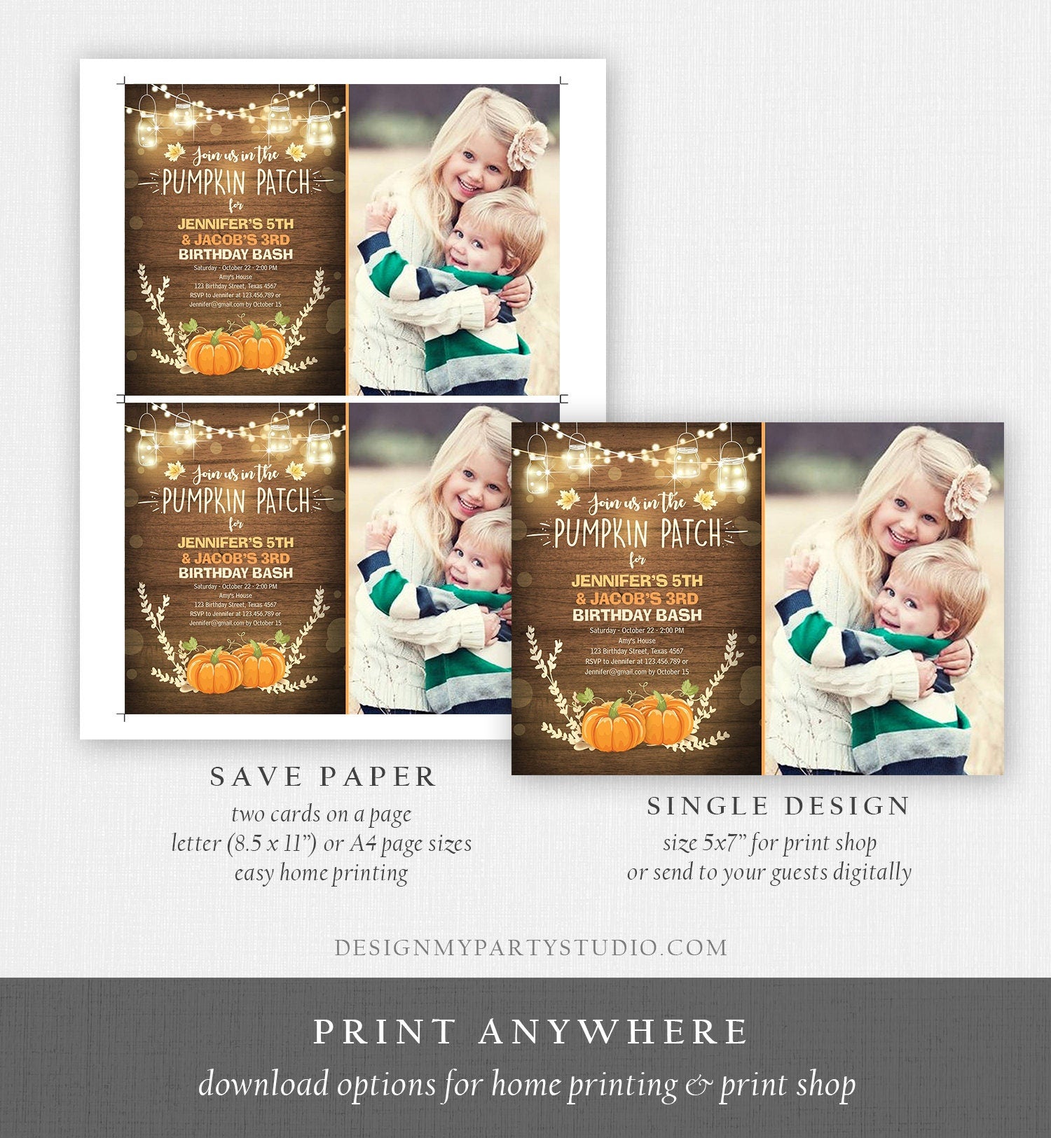 Editable Little Pumpkins Birthday Invitation Orange Pumpkins Patch Autumn Fall Rustic Boy Girl Twins Twin Corjl Invitation Printable 0015