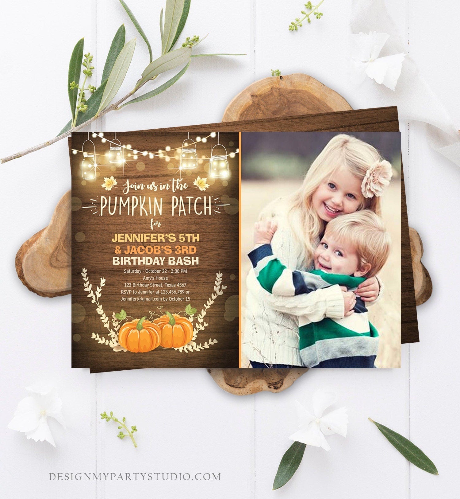 Editable Little Pumpkins Birthday Invitation Orange Pumpkins Patch Autumn Fall Rustic Boy Girl Twins Twin Corjl Invitation Printable 0015