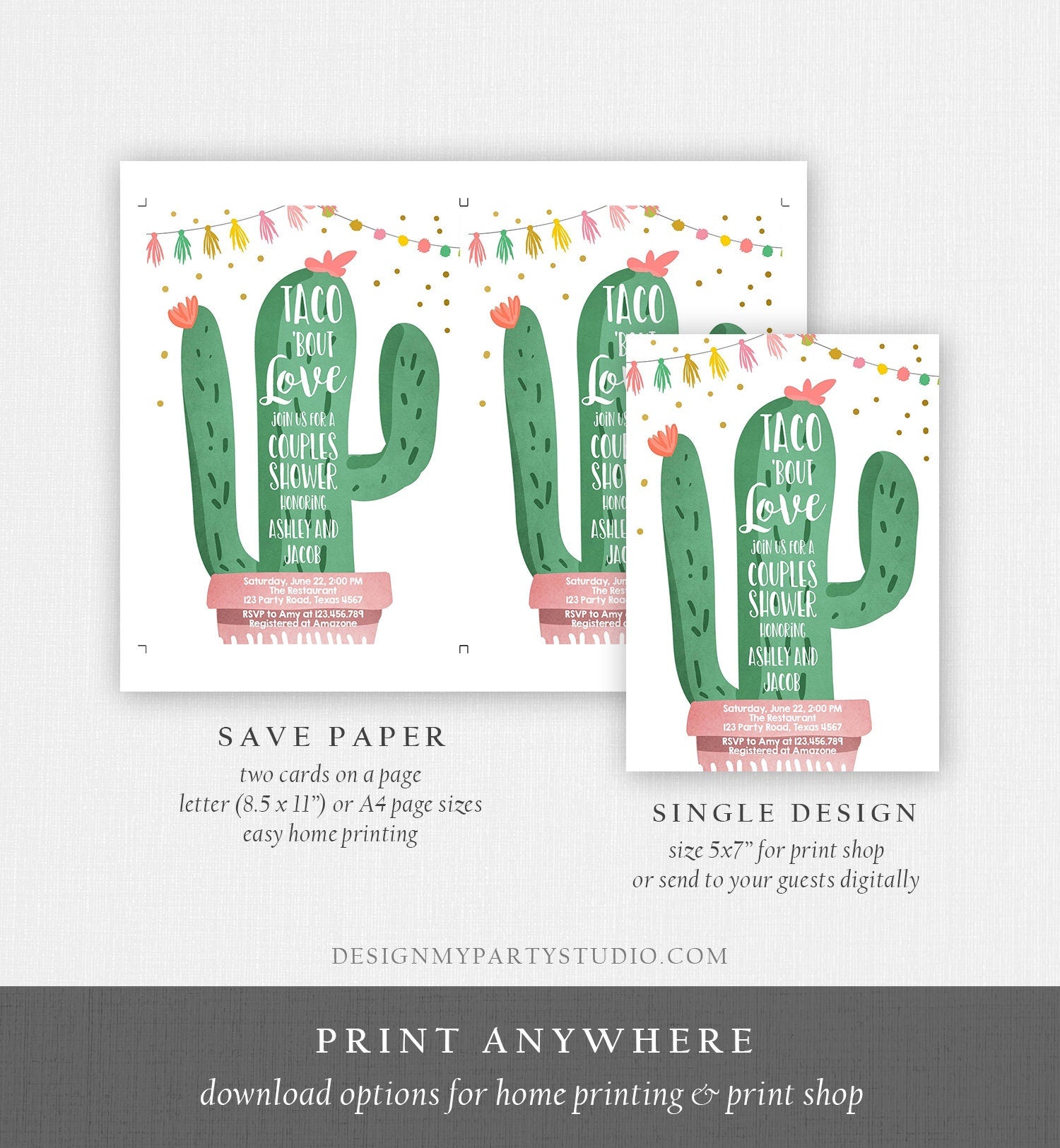 Editable Taco Bout Love Fiesta Couples Shower Invitation Cactus Succulent Green Pink Download Printable Invitation Template Corjl 0255